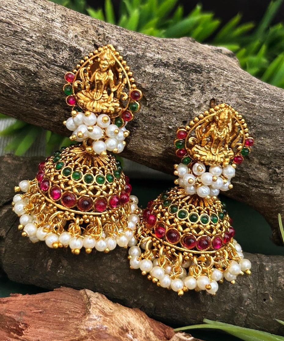 Gold plated Temple design Jhumka Earrings - Griiham