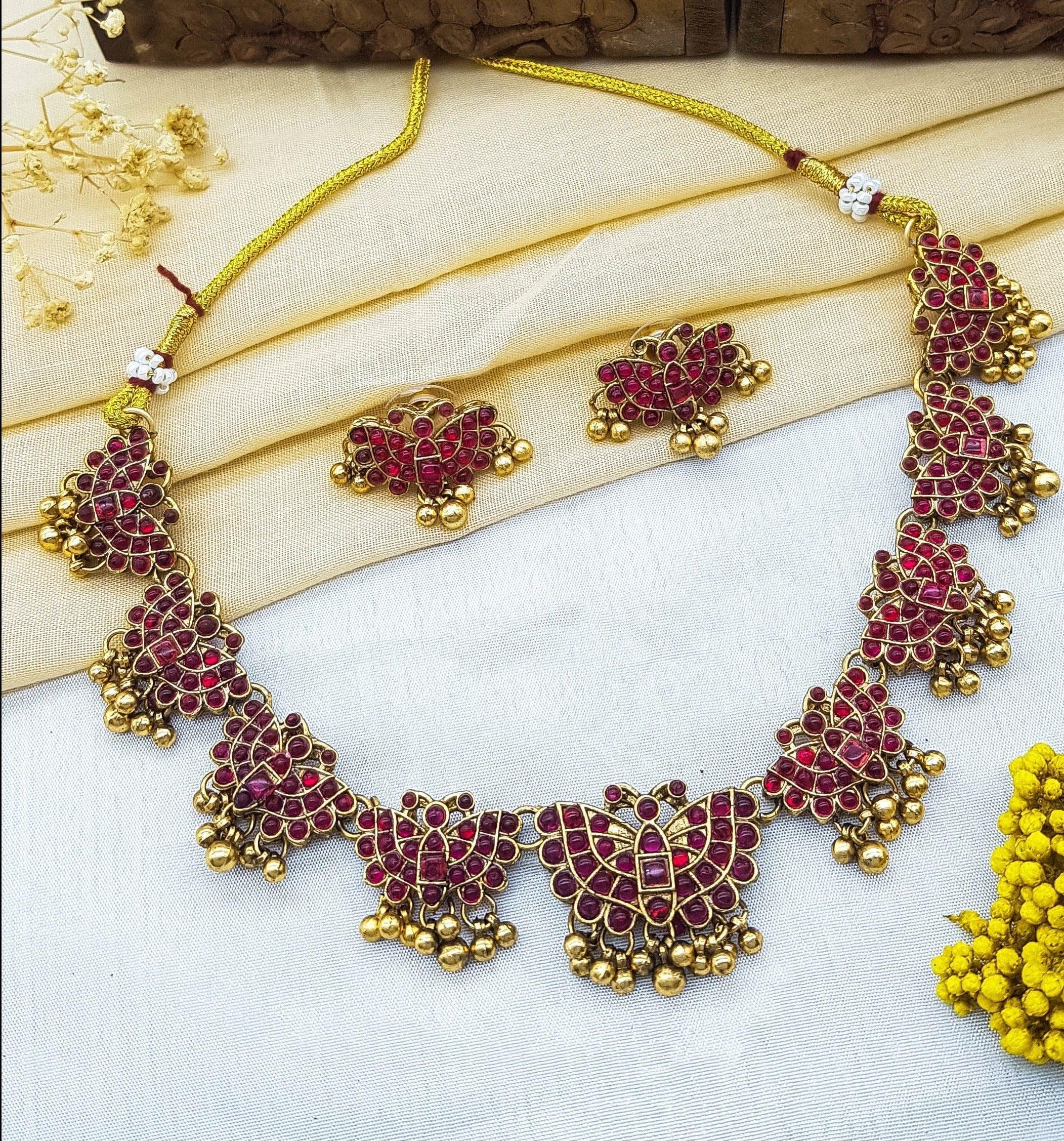 Gold plated butterfly motif Colored stones Necklace Set