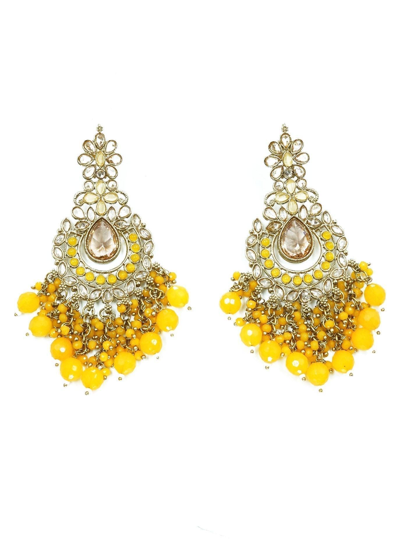 Gold plated chandbali Earrings Jhumka with yellow crystal - Griiham