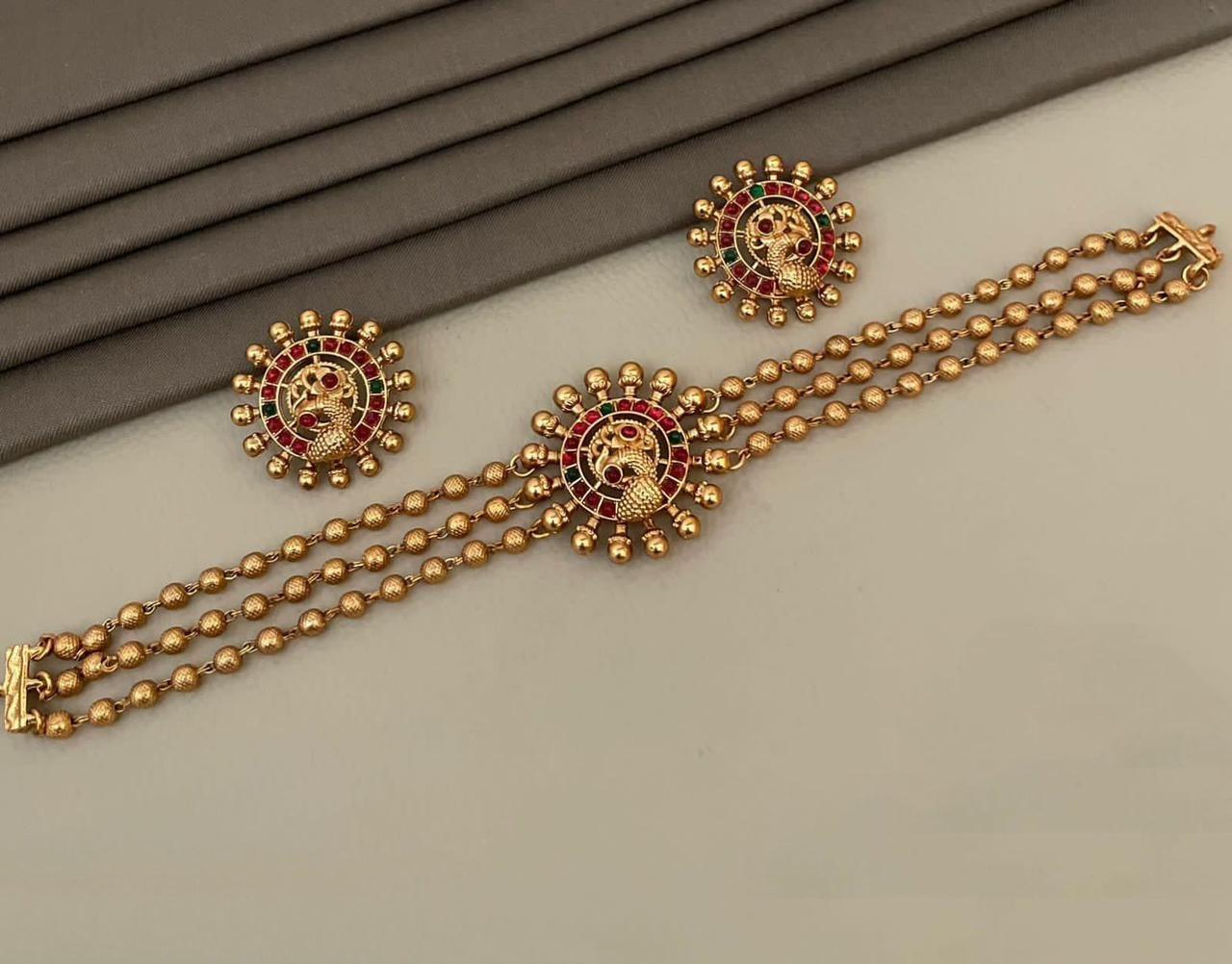 Gold plated peacock motif choker Necklace set - Griiham