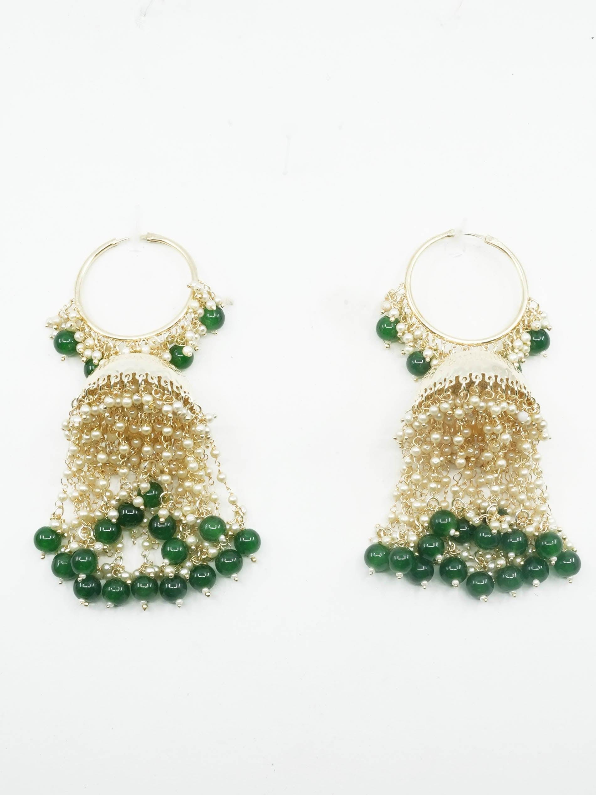 Gold plated pearl and green stone studded hangings Earring Jhumka - Griiham