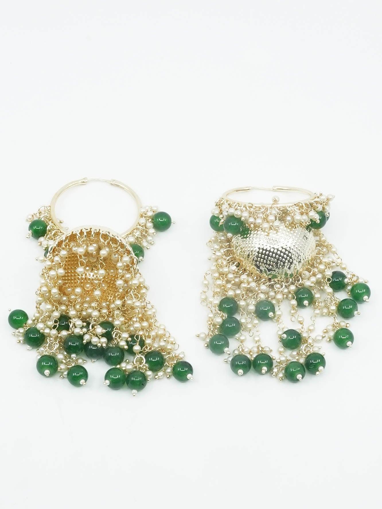 Gold plated pearl and green stone studded hangings Earring Jhumka - Griiham