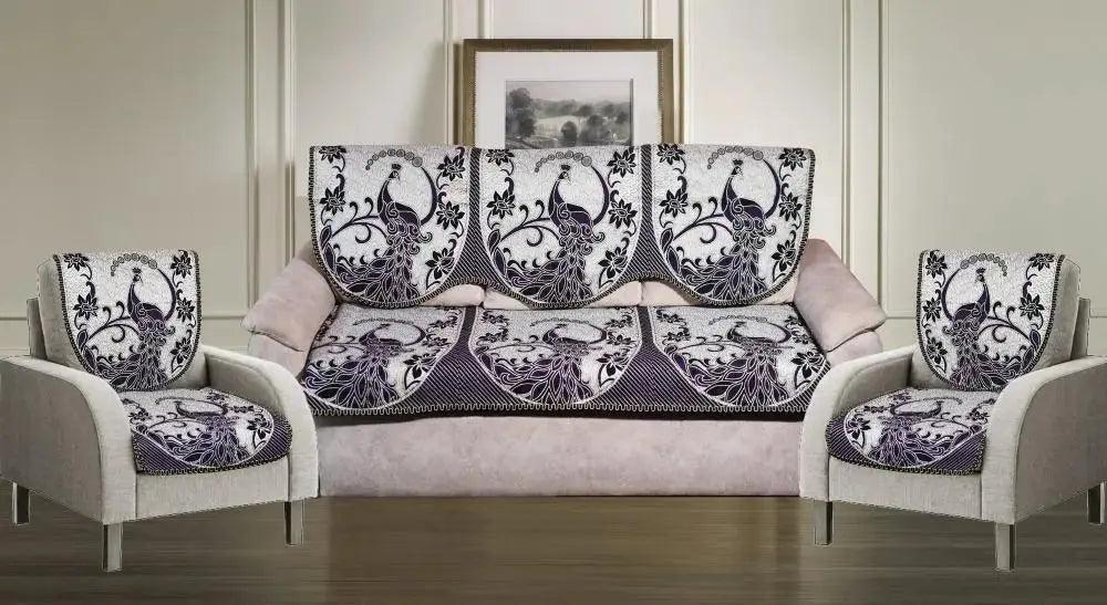 Griiham Anti-Skid Jacquard Sofa Cover Royal Peacock Design Wine and Black Colour - (3+1+1) AT06