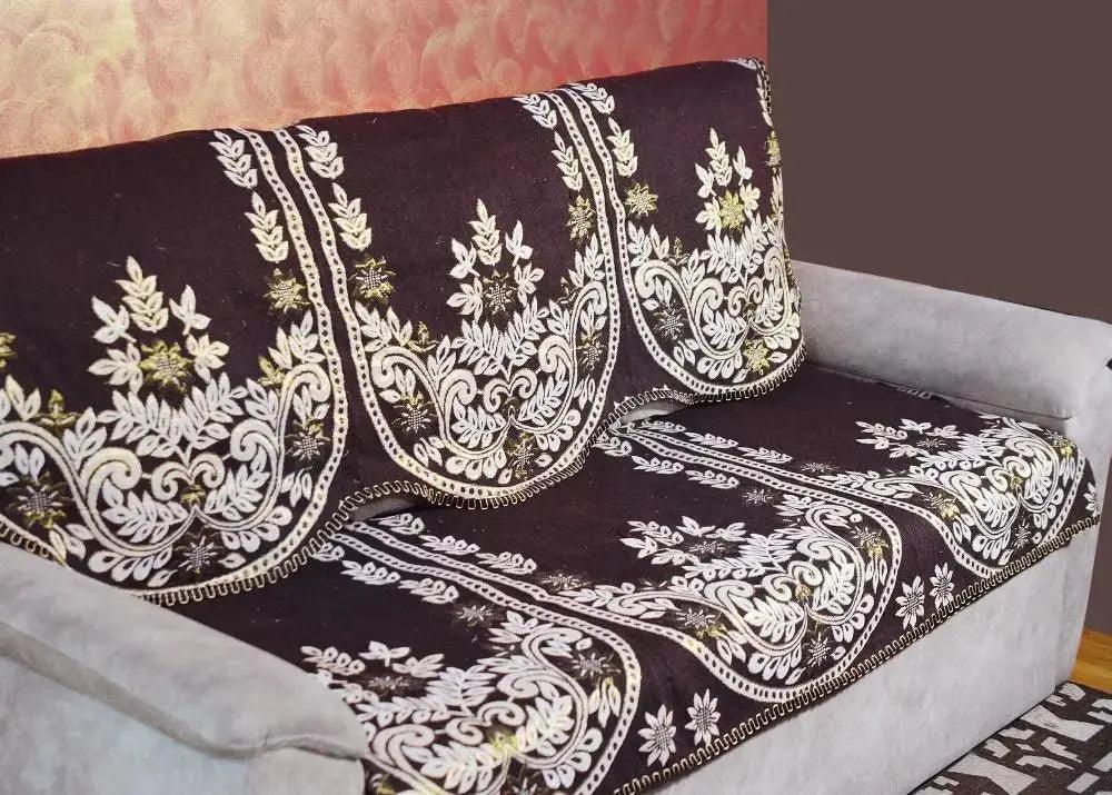 Griiham's 5 Seater Coffee Brown Sofa Cover with Gold Work(3+1+1) 90% Cotton 10% Polyster SB3 W5-DHUK-NGJD