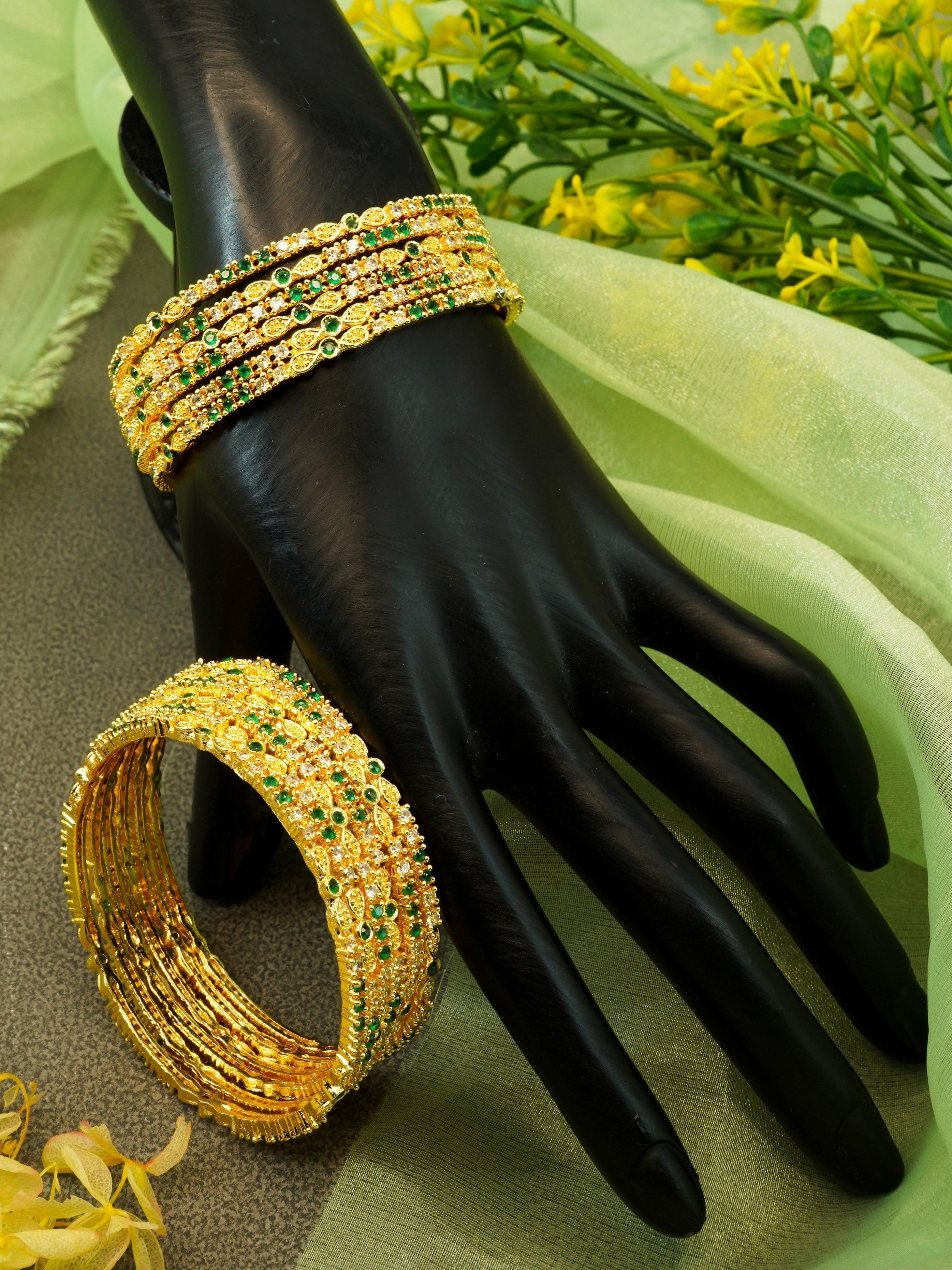 Guaranteed Gold Plated Bangles Set of 12 bangles with green white cz stones 10317A - Griiham