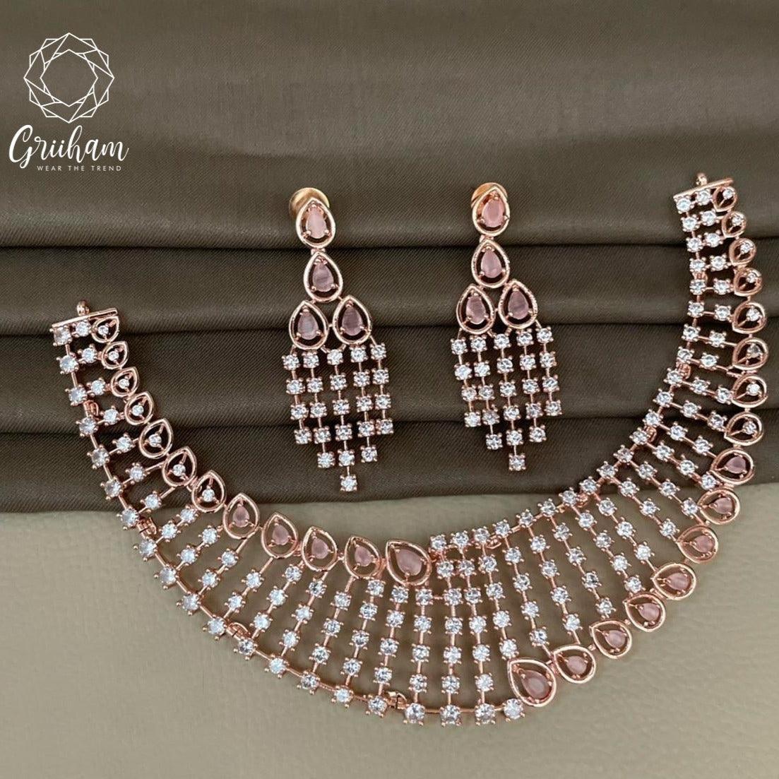 High Premium Rose Gold plated designer Necklace with cz stone 12100N - Griiham