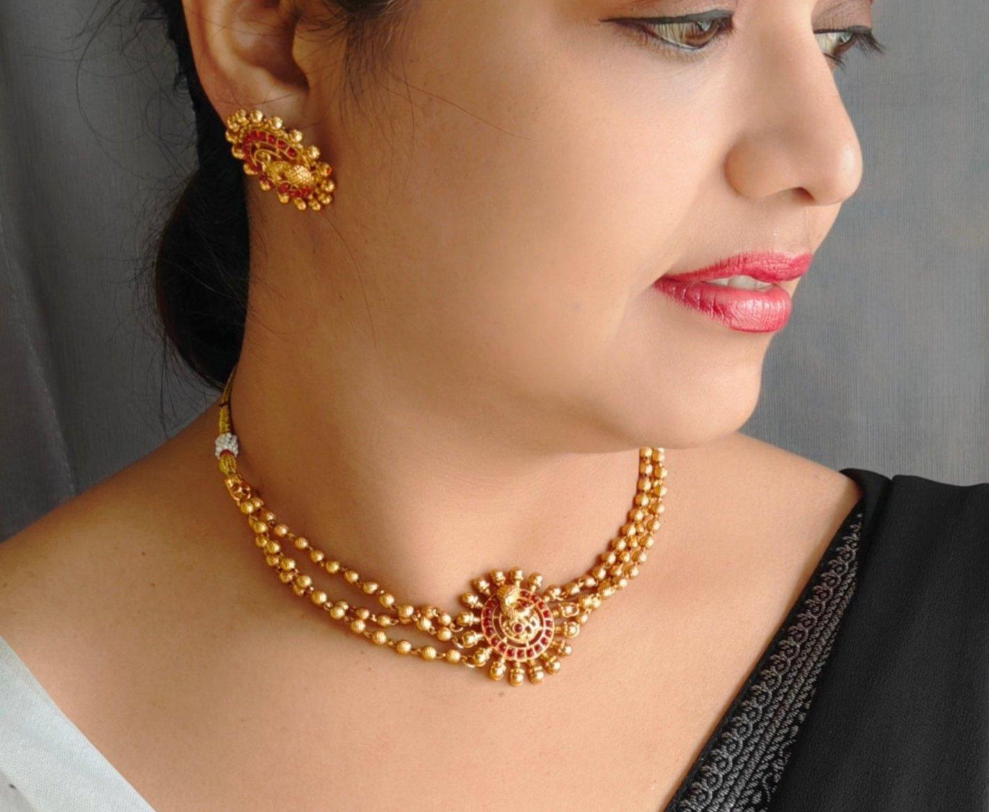 Gold plated peacock motif choker Necklace set