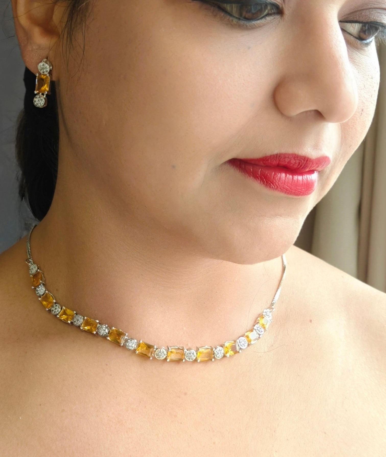 White Gold finish with white and yellow stones Short AD Necklace set