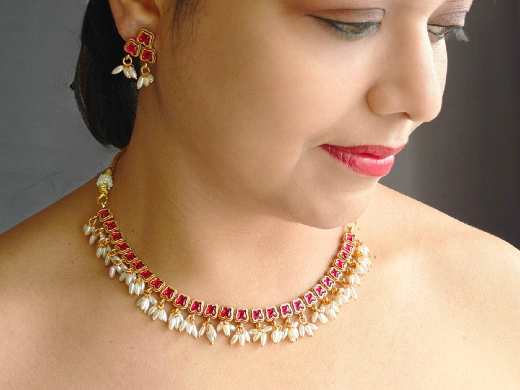 Gold Plated Pearl Necklace Set multicolor