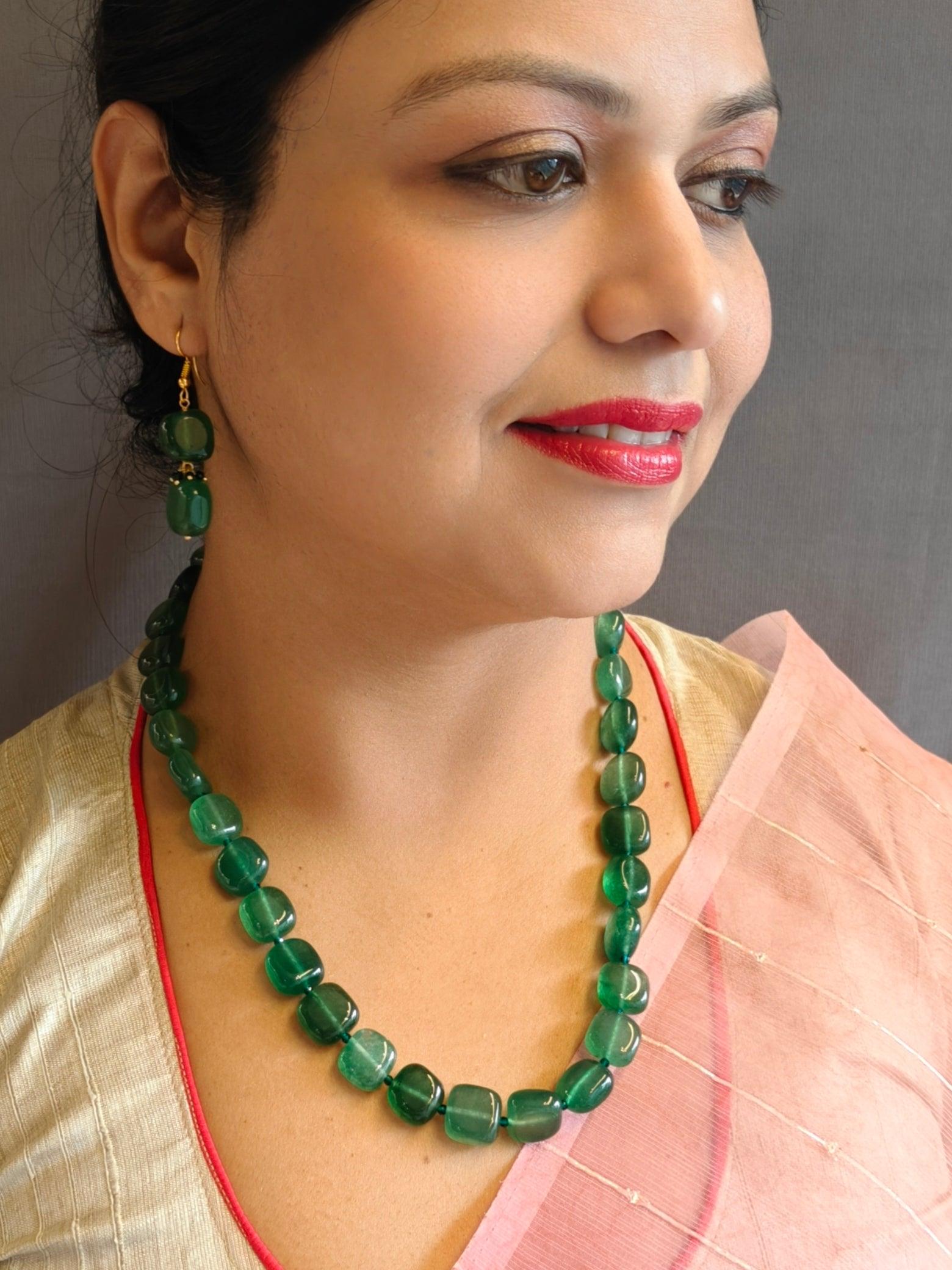 Square Natural African Jade Stone Mala Necklace with earrings