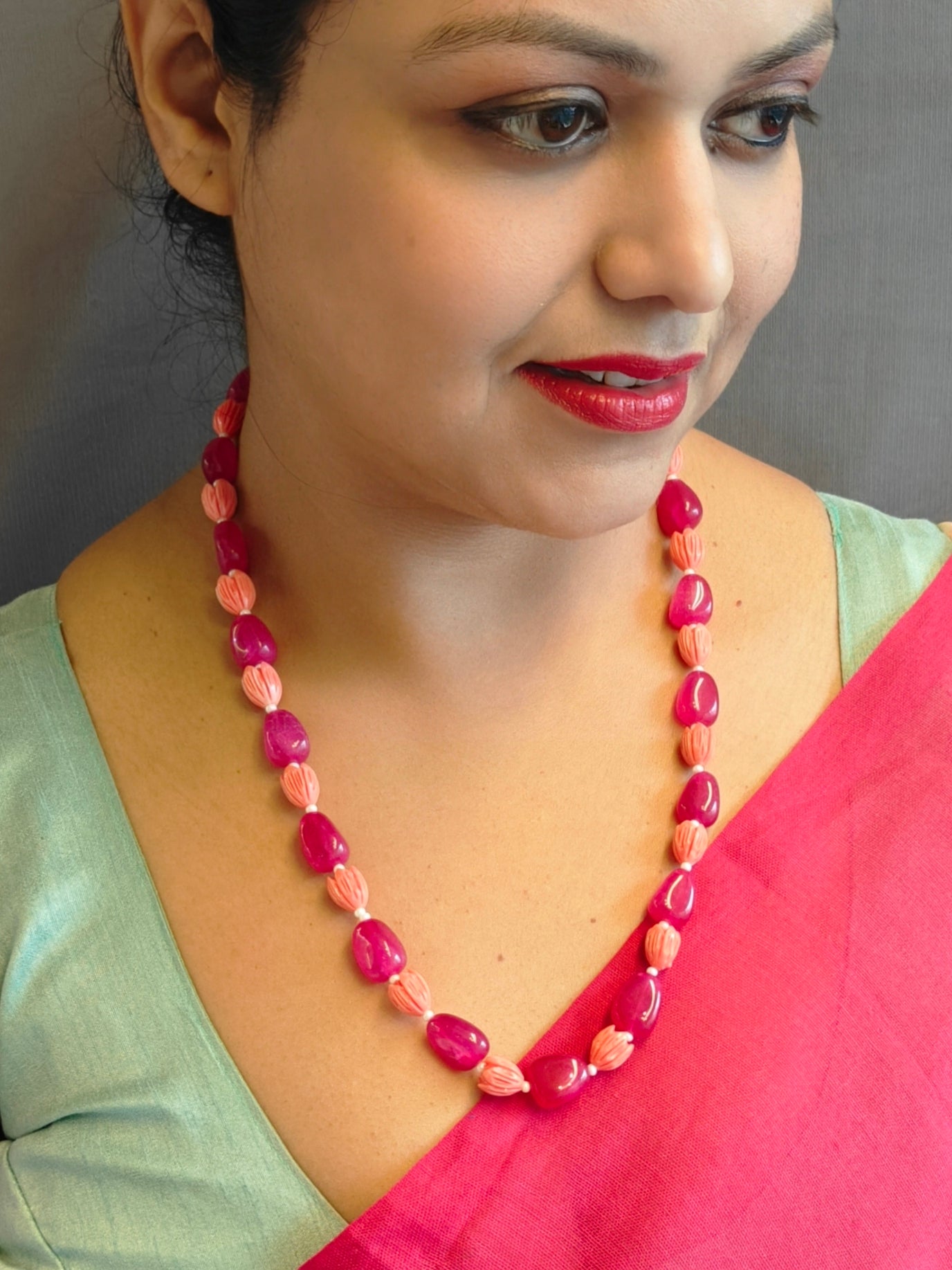 Natural Pink stone with Tulip Stone Mala Necklace