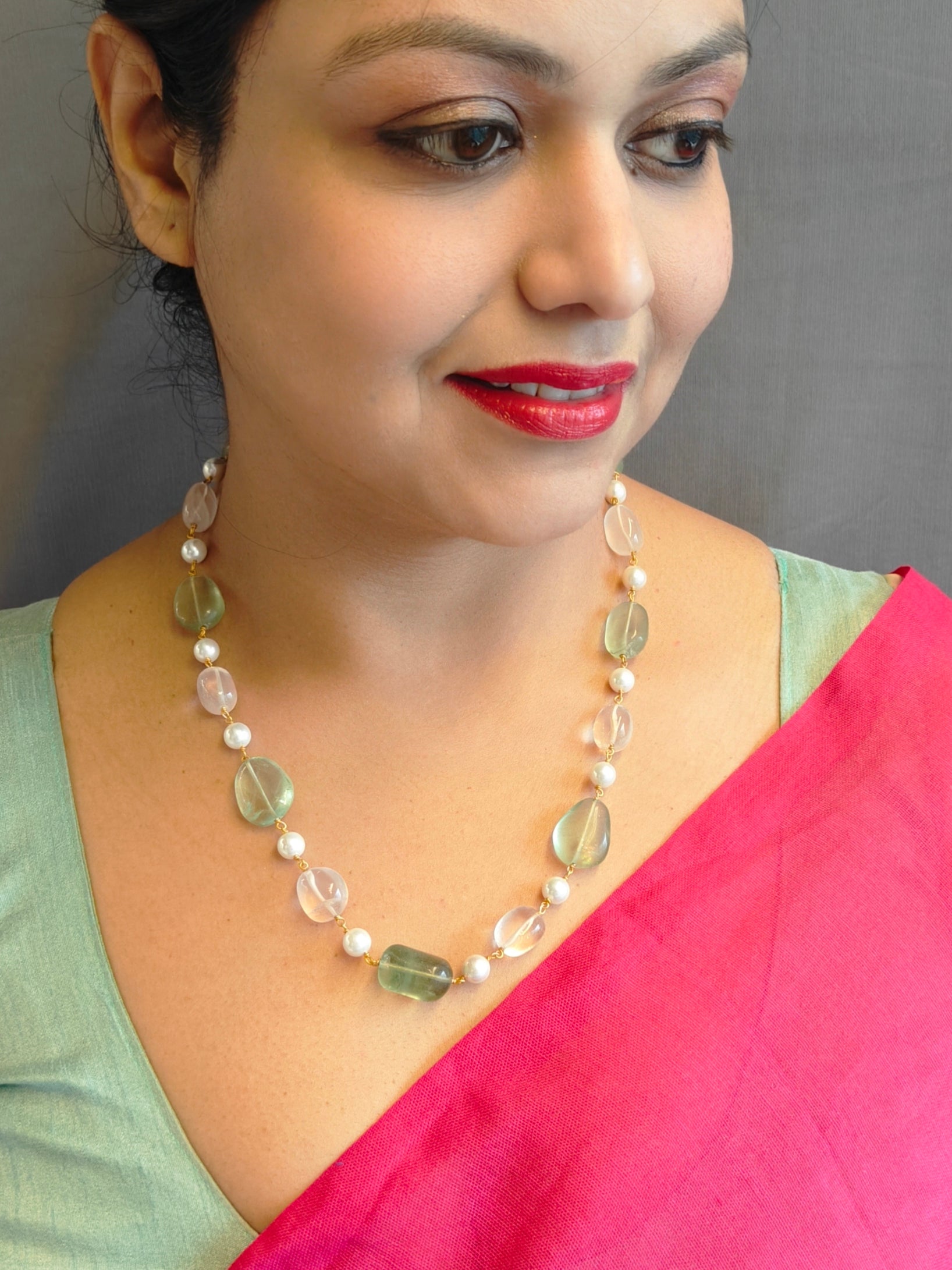 Natural Green Stone with pearls Necklace Mala Necklace Set