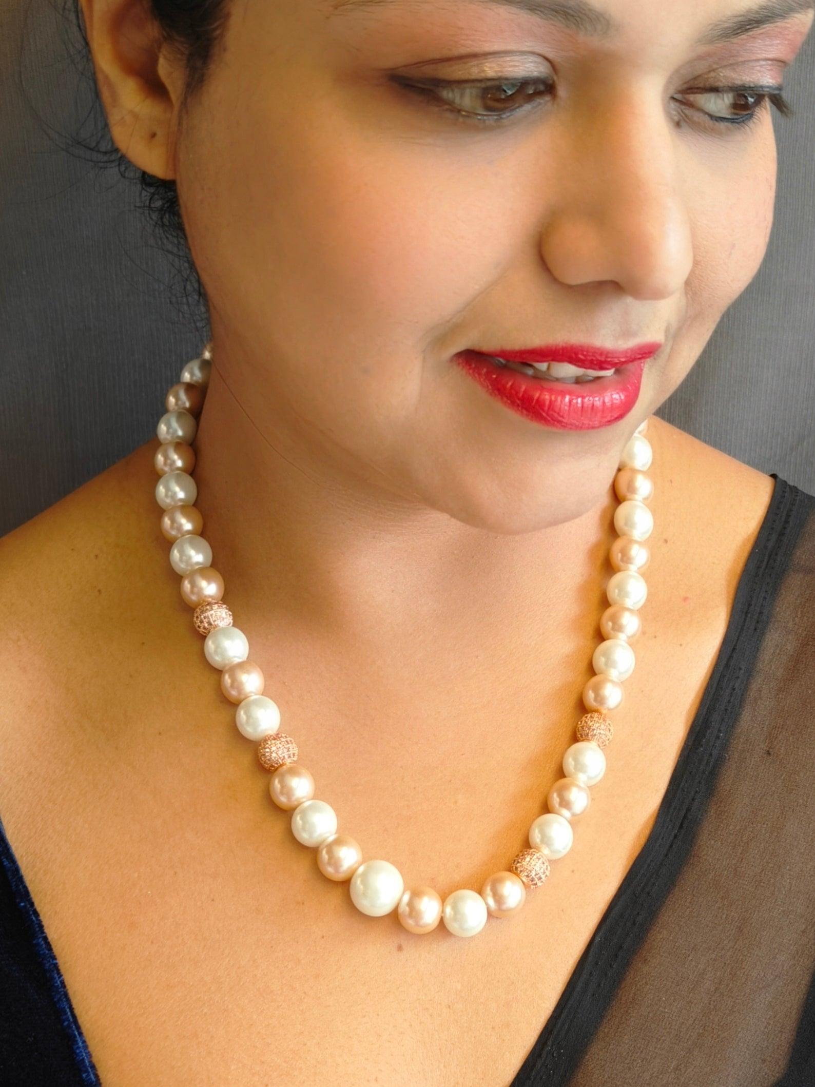 Single Line Natural Pearl Maala Necklace with diamond cut balls for a Classy look