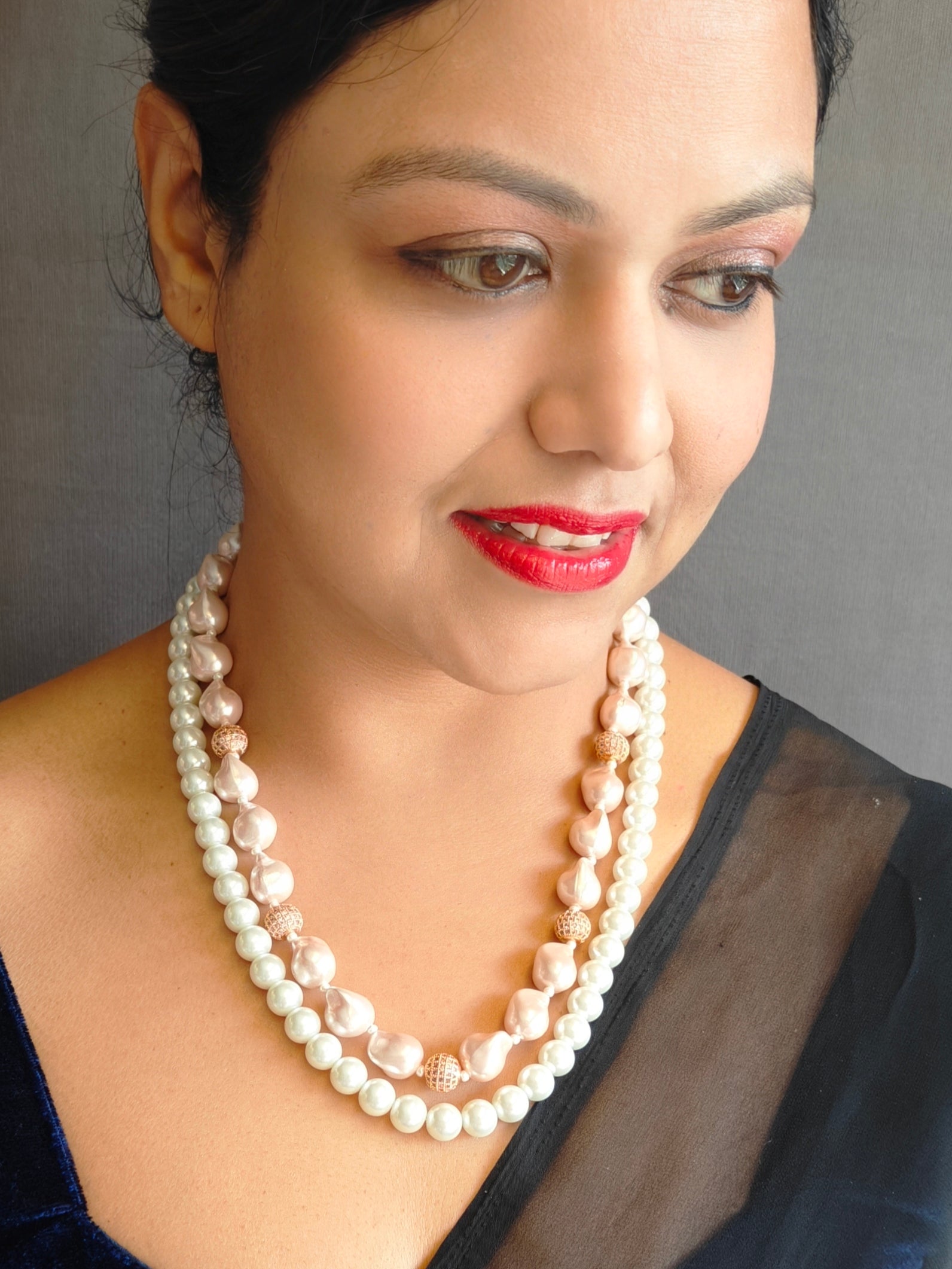 2 Line Mala Necklace with Natural Pearls and organic Boraque pearls Necklace Set