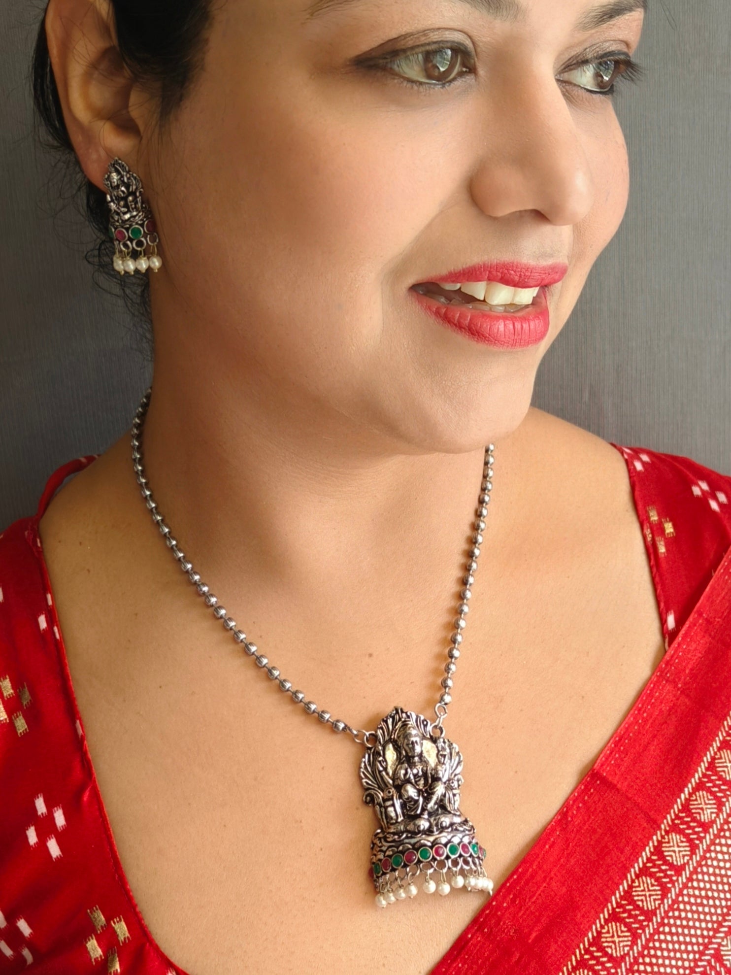 Oxidised Silver Finish Laxmi 3D pendant Set