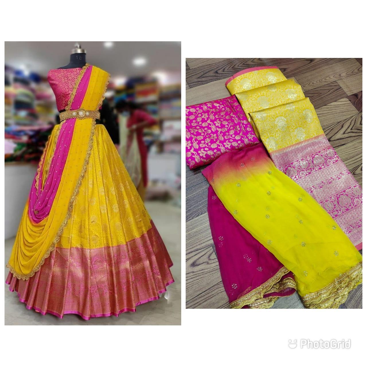 Kanjiveram Semi-silk Zari lehenga along with cutwork Dupatta Half Saree 16285N-1 - Griiham