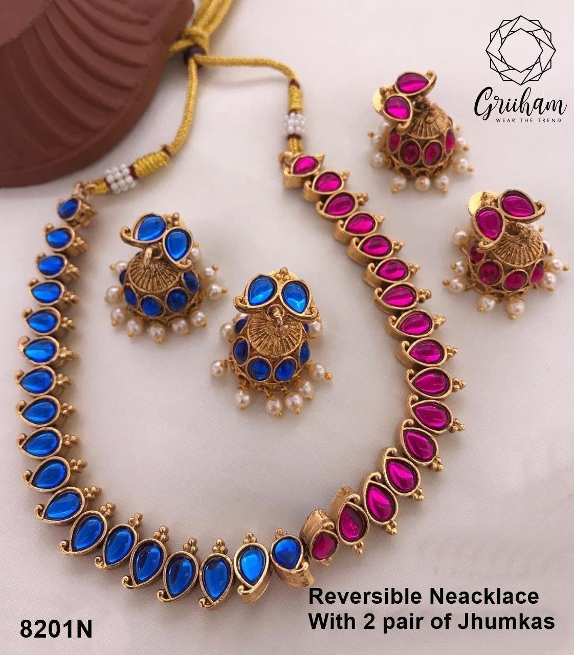 Latest Trending Design Blue /pink Reversible necklace