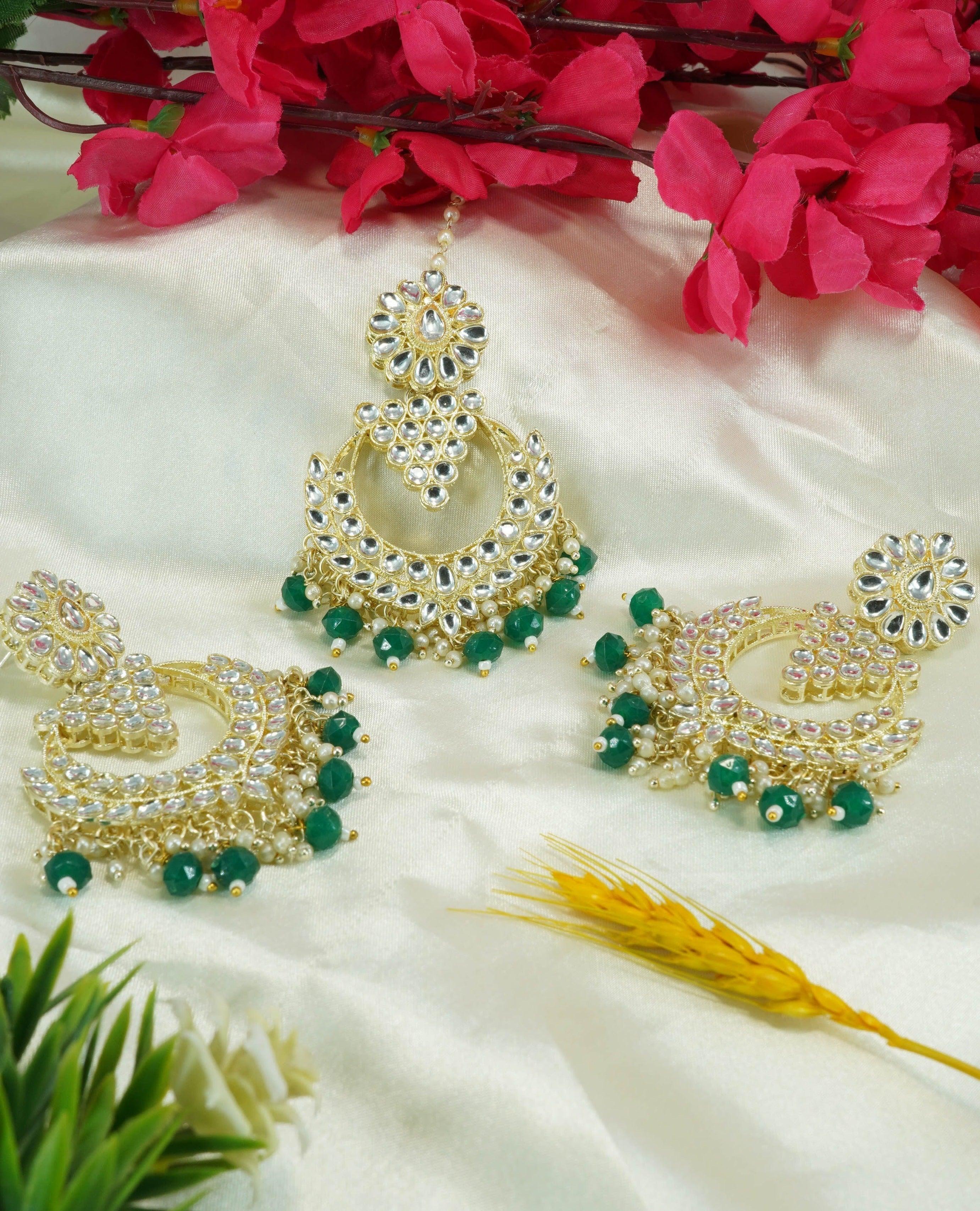 Light gold finish Earring/jhumka/Dangler with Mang Tikka 10789N - Griiham