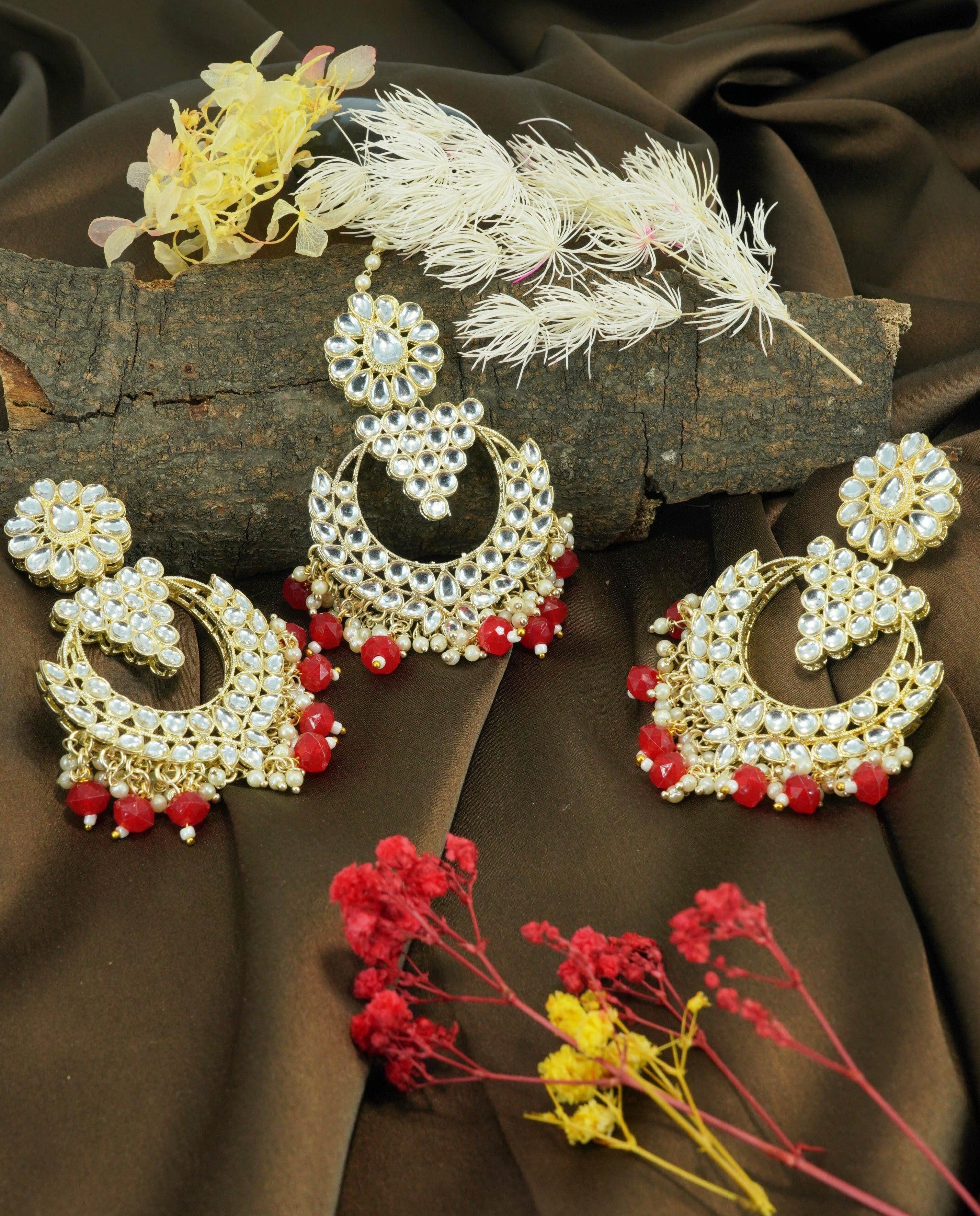 Light gold finish Earring/jhumka/Dangler with Mang Tikka 10789N - Griiham