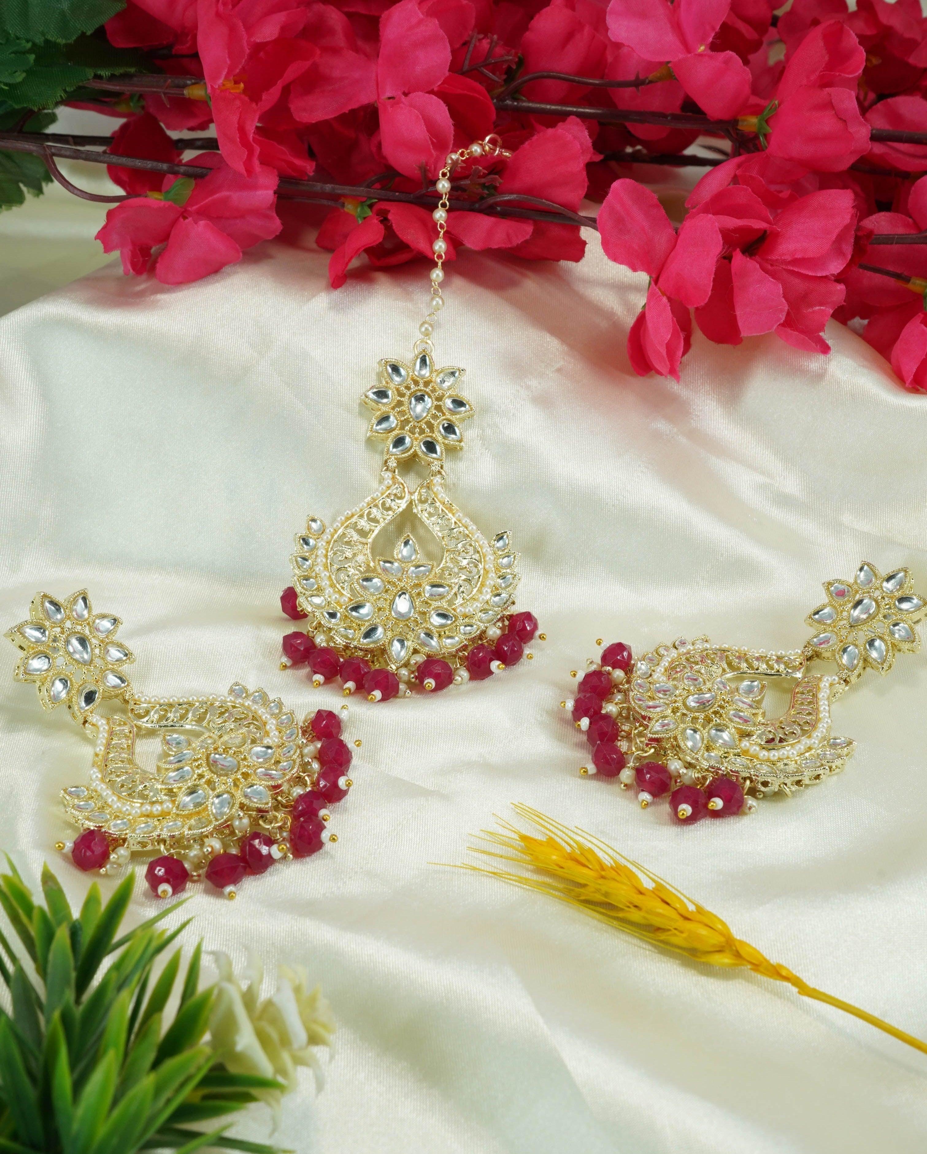 Light gold finish Earring/jhumka/Dangler with Mang Tikka - Griiham