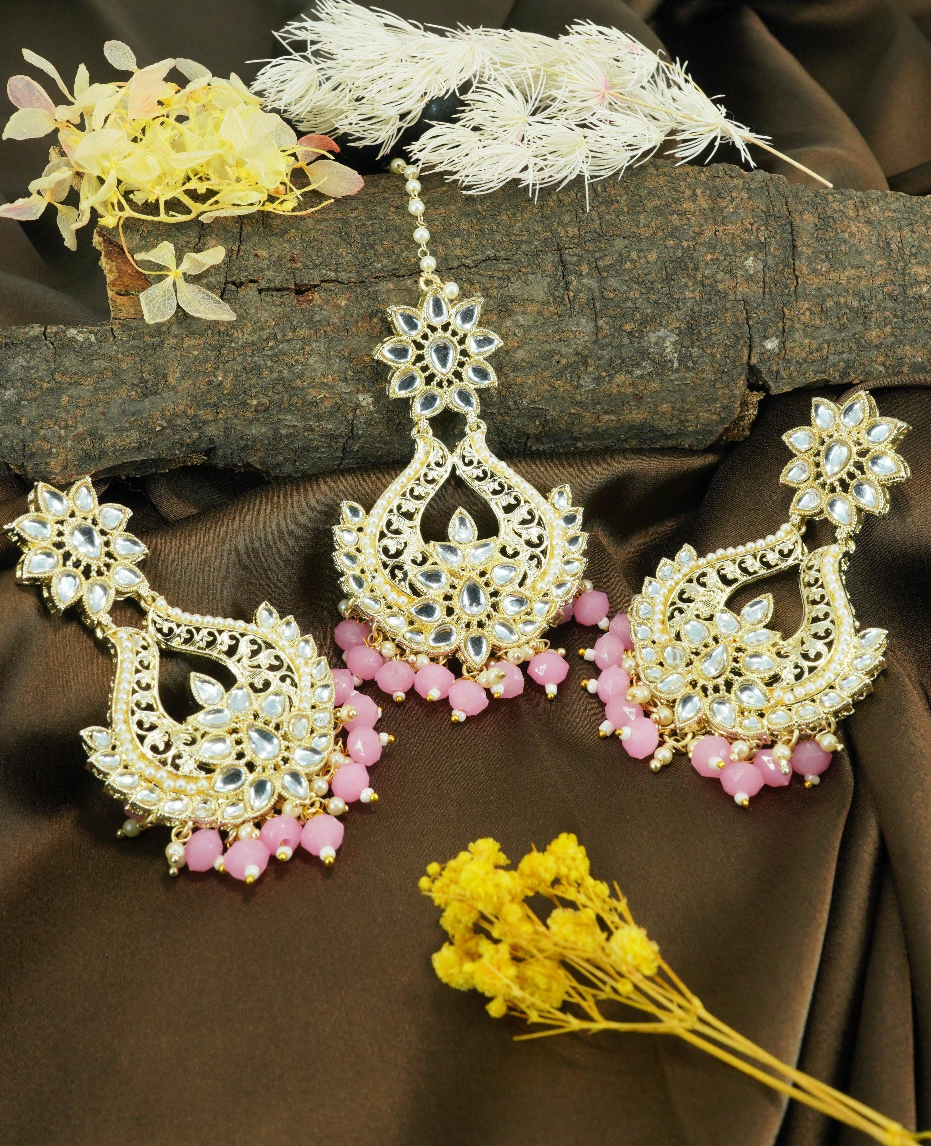 Light gold finish Earring/jhumka/Dangler with Mang Tikka - Griiham