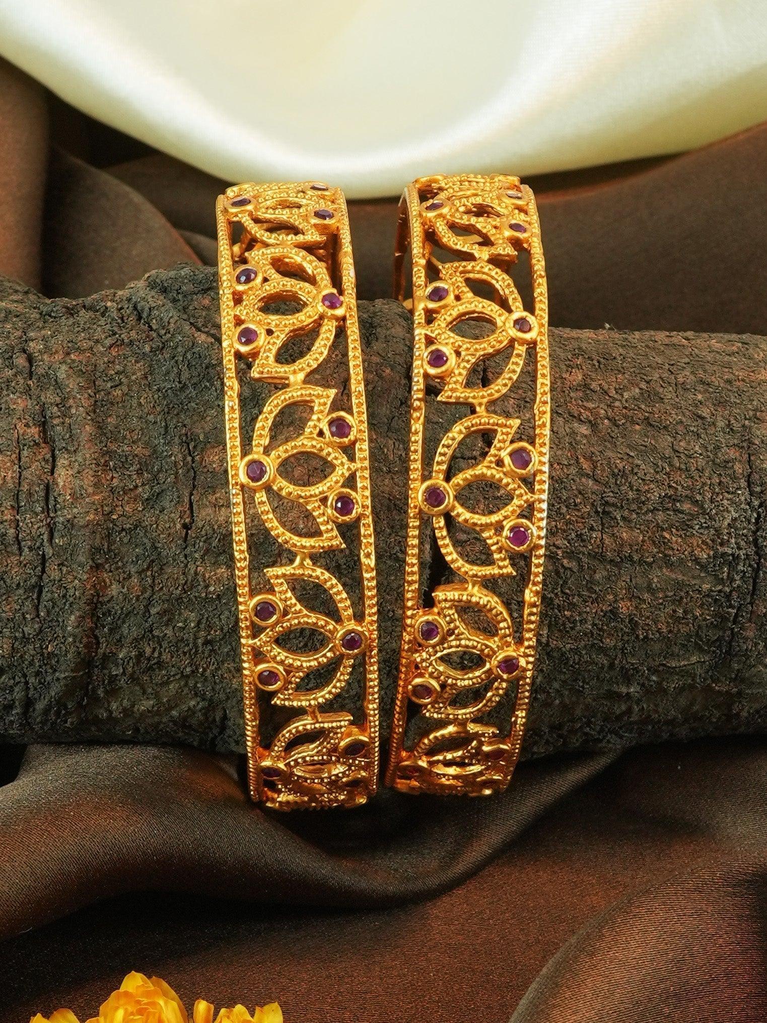 Matt Gold Plated Set of 2 designer Bangles with Maroon stones 11525A - Griiham