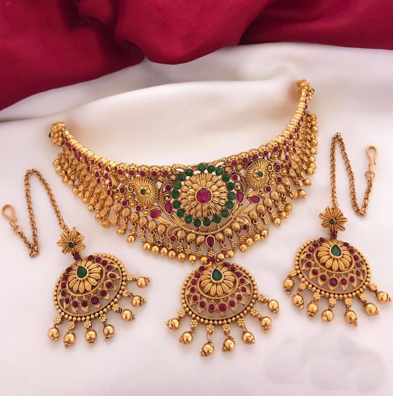 Matt Gold plated Laxmi Short Necklace Set choker 8196N-Necklace Set-Kanakam-Griiham