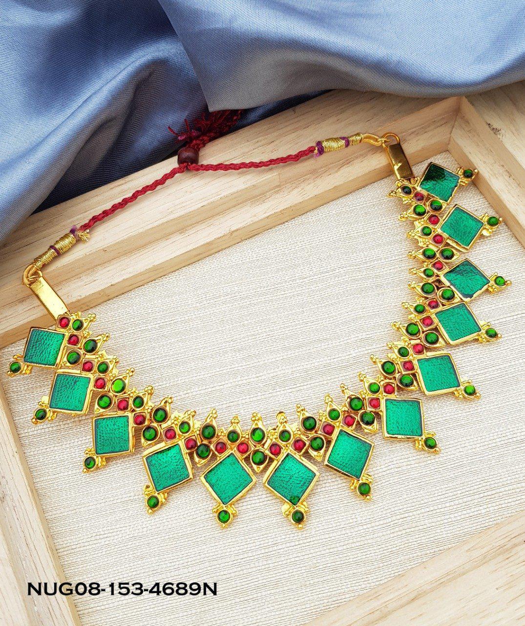 Micro Gold Plated Green Meena nagapadam Bharat Natyam Necklace Sets