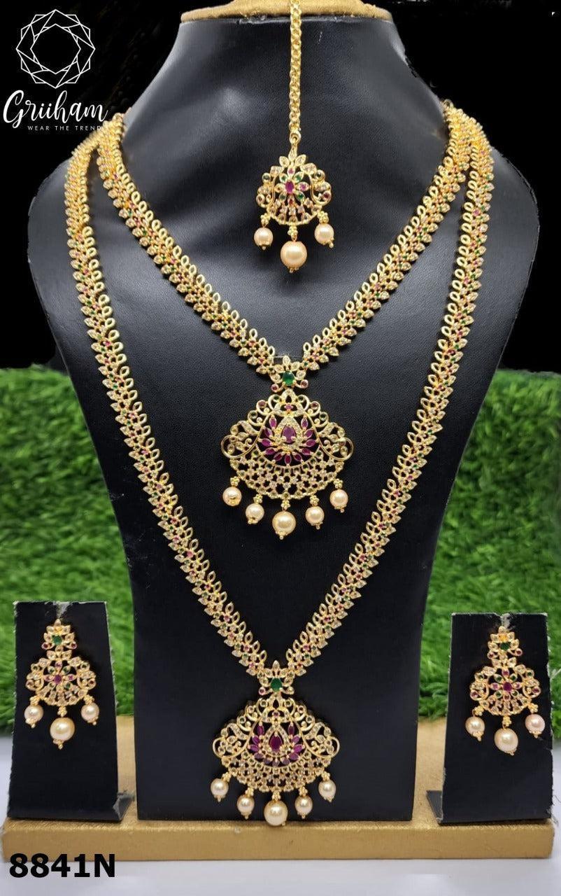 Micro Gold Plated Sayara Collection Necklace Set Combo (Long+short) with Mang Tikka 8841N-Necklace Set-Griiham-Griiham