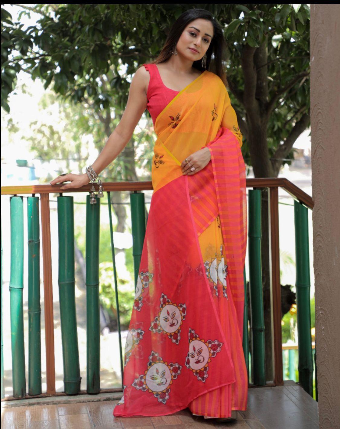 Mono-cotton sarees with all DURGA PUJA PRINT 17387N - Griiham