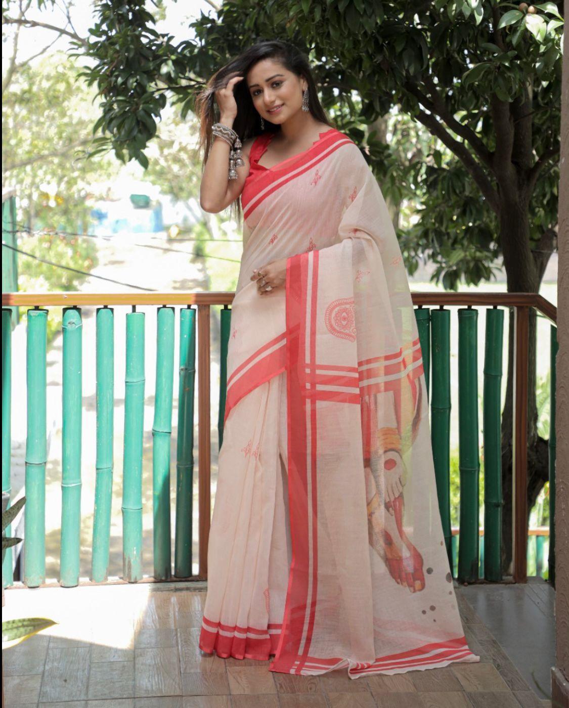 Mono-cotton sarees with all DURGA PUJA PRINT design along with zari 17530N -1 - Griiham