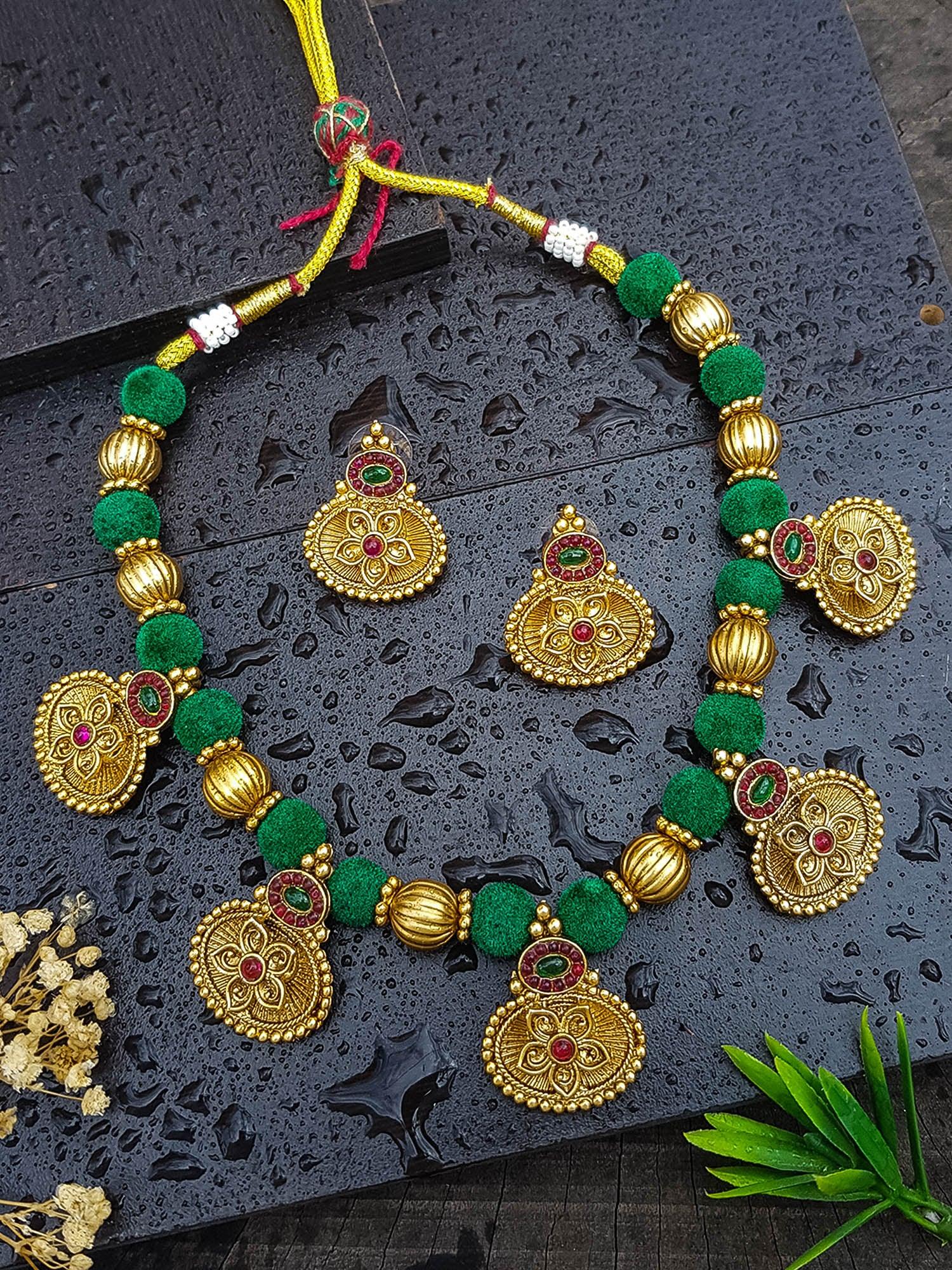 Silk Thread Necklace Set with Gold plated Flower motif