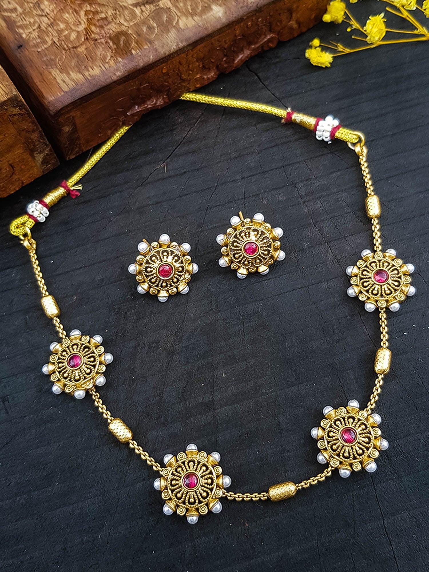 Gold Plated Choker Necklace Set Ruby