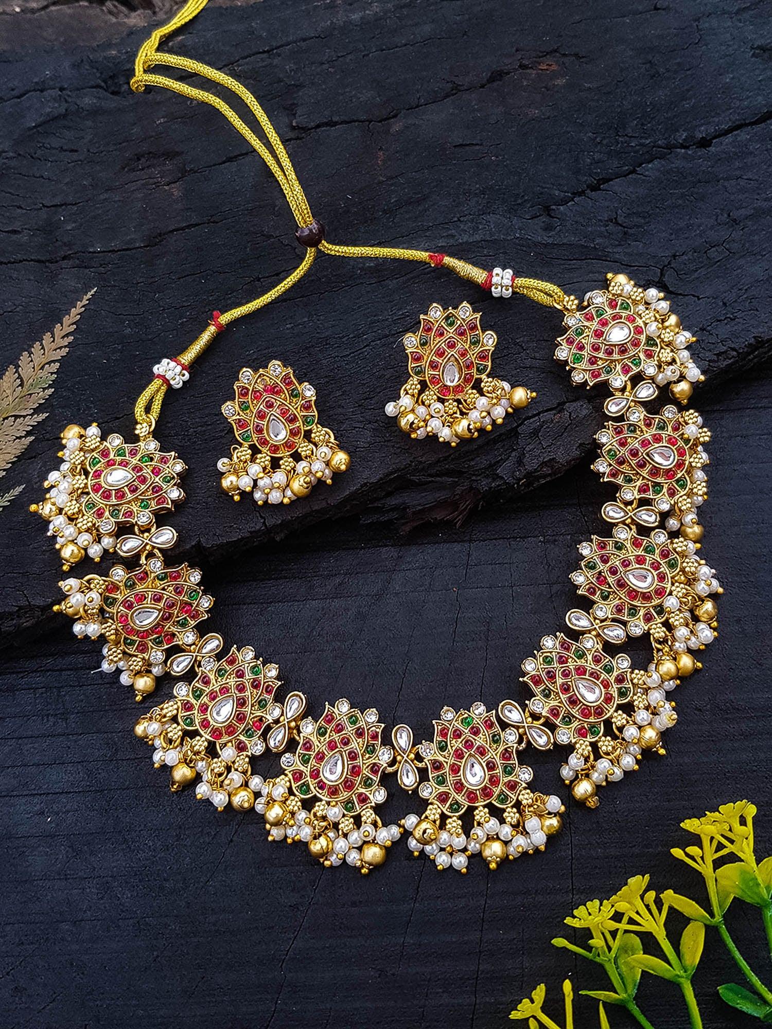 Gold Plated Classic Multicolor Floral Necklace set with AD Stones