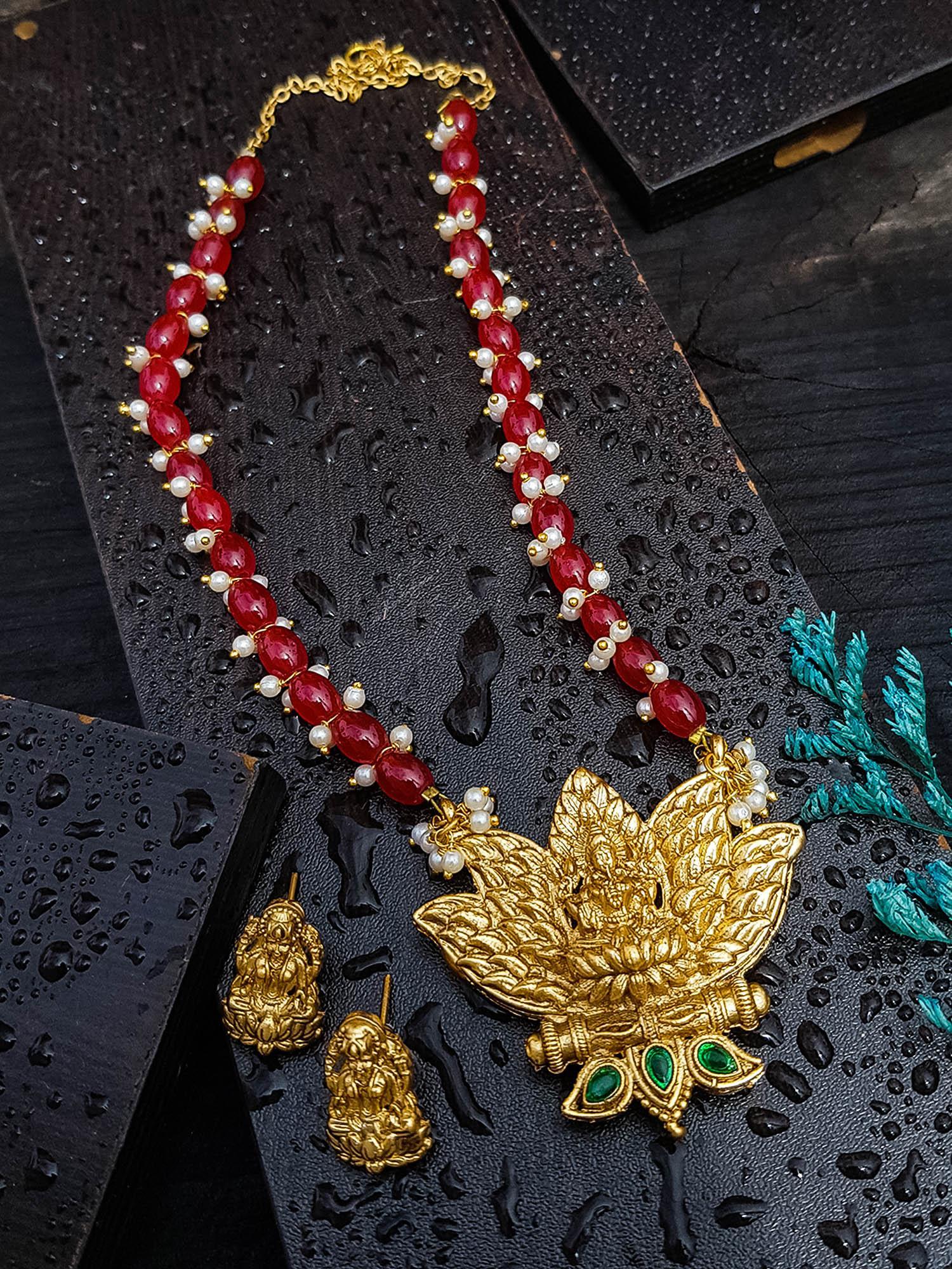 Gold Plated Lotus design Reversible Necklace Set with Stone Mala