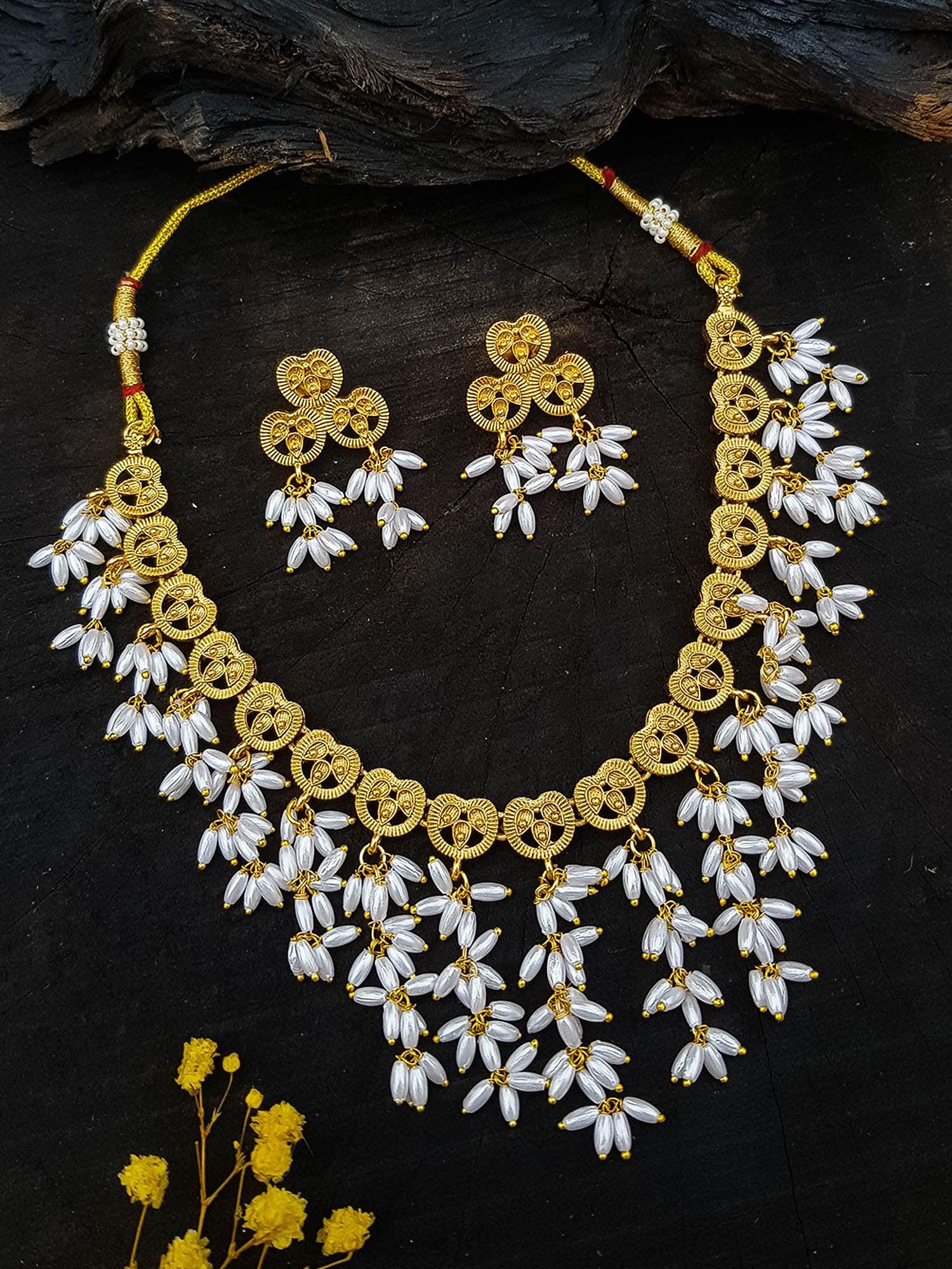 Antique Gold Plated Rice Pearl Necklace Set