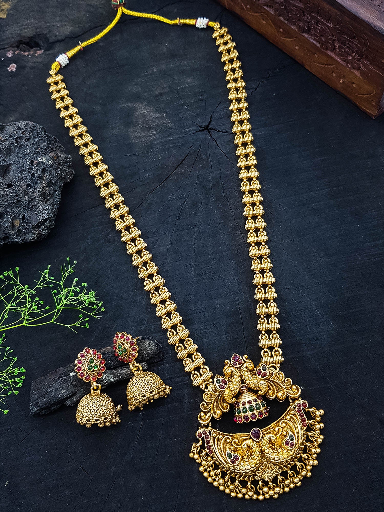 Gold Plated Long Necklace Set with Peacock Design