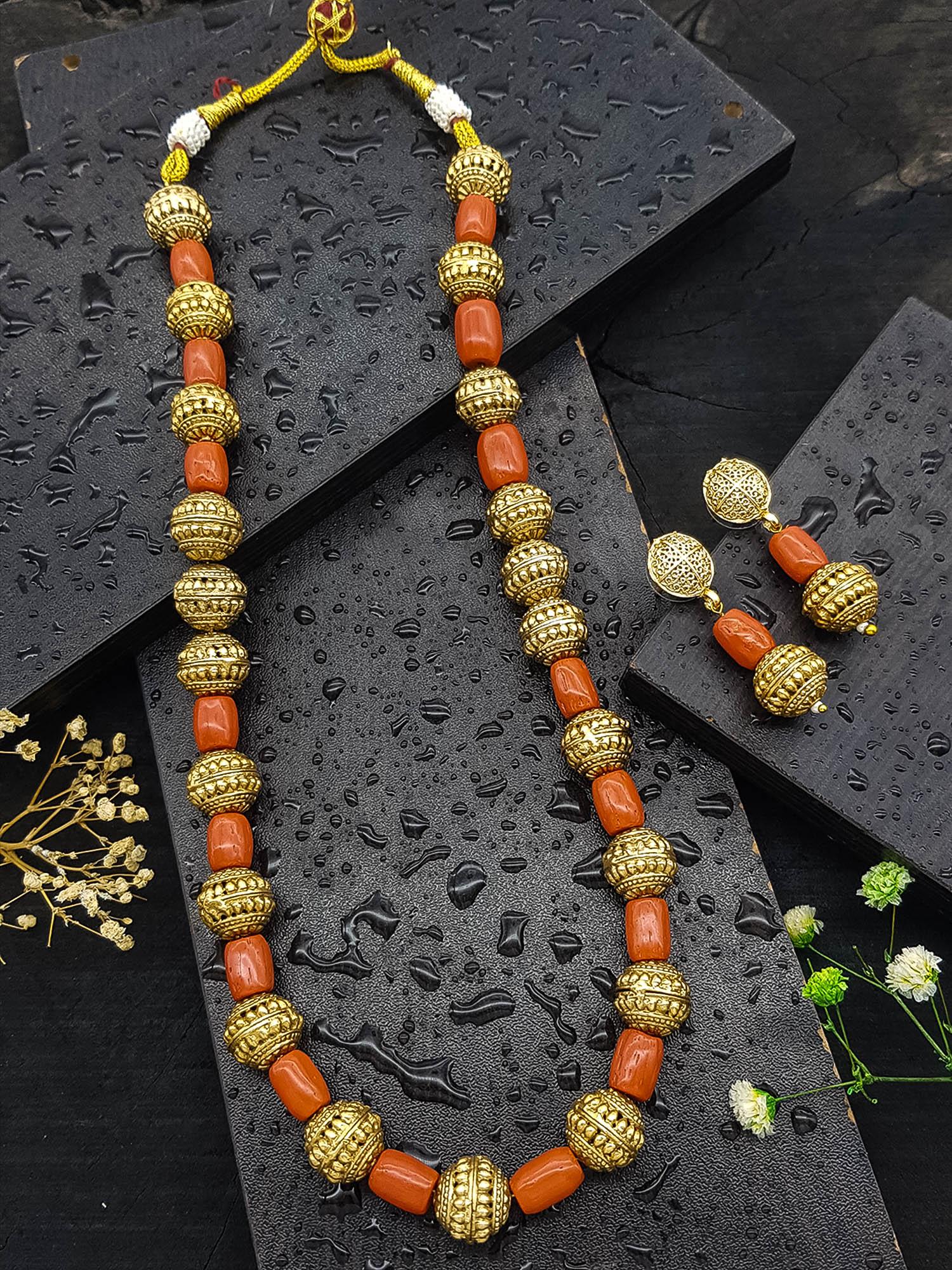 Gold Plated Long Necklace Set in coral