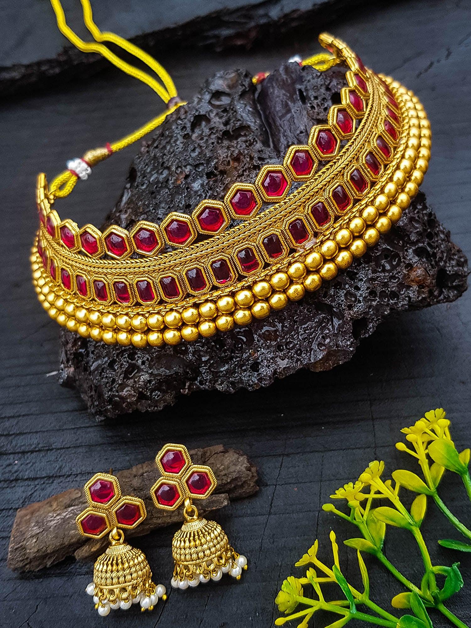 Gold Plated Stone Choker Necklace Set