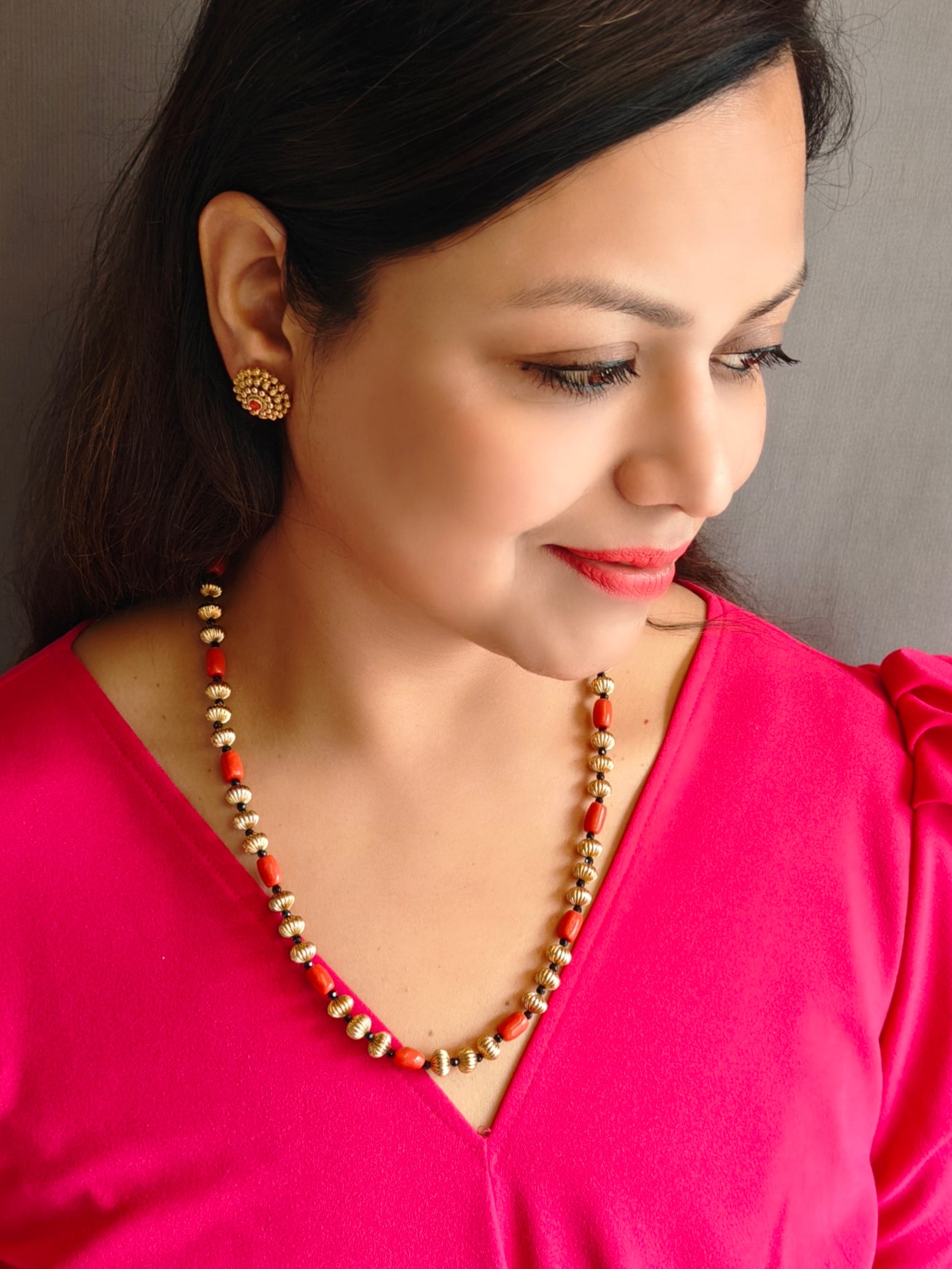 Gold Plated Long Necklace Set in coral