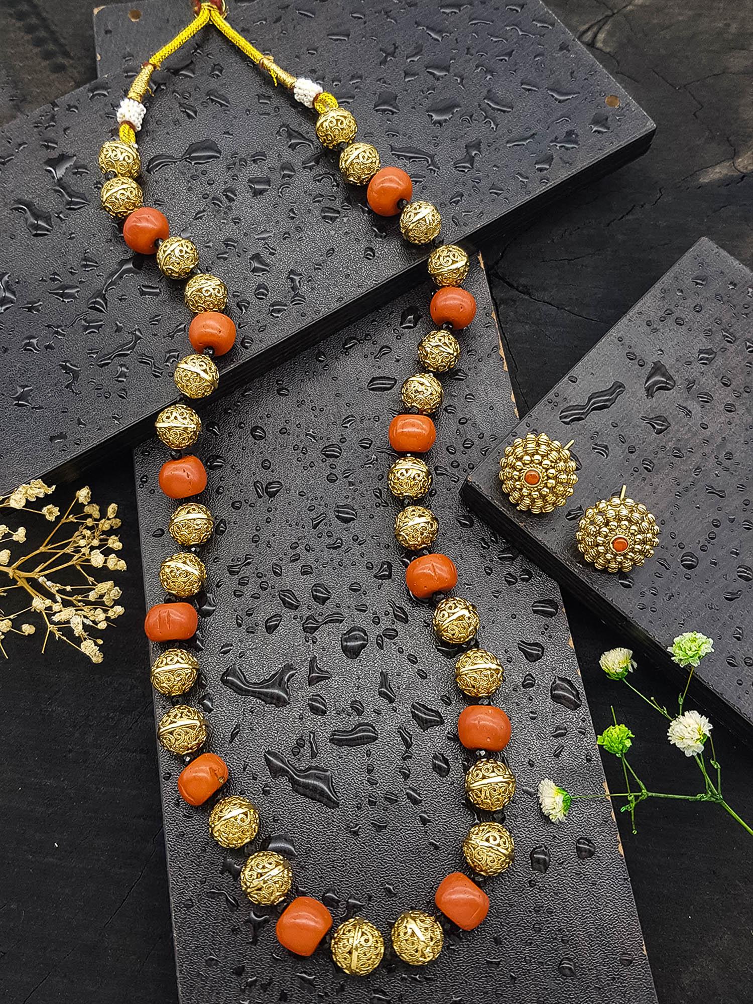 Gold Plated In Coral Beads Long Necklace Set