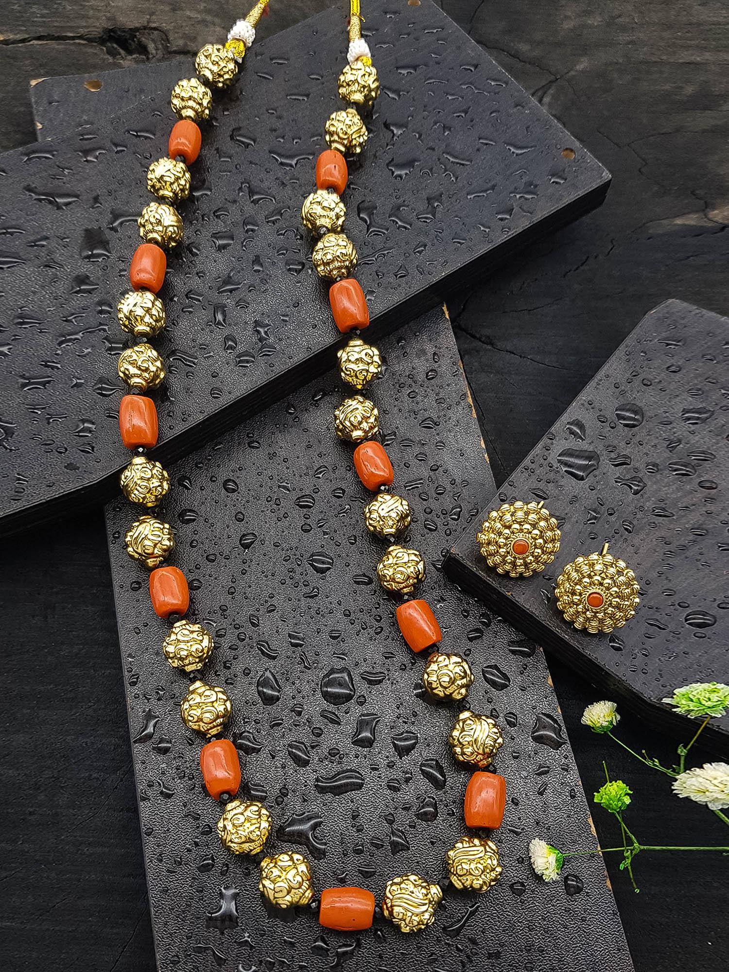 Gold Plated In Coral Beads Long Necklace Set