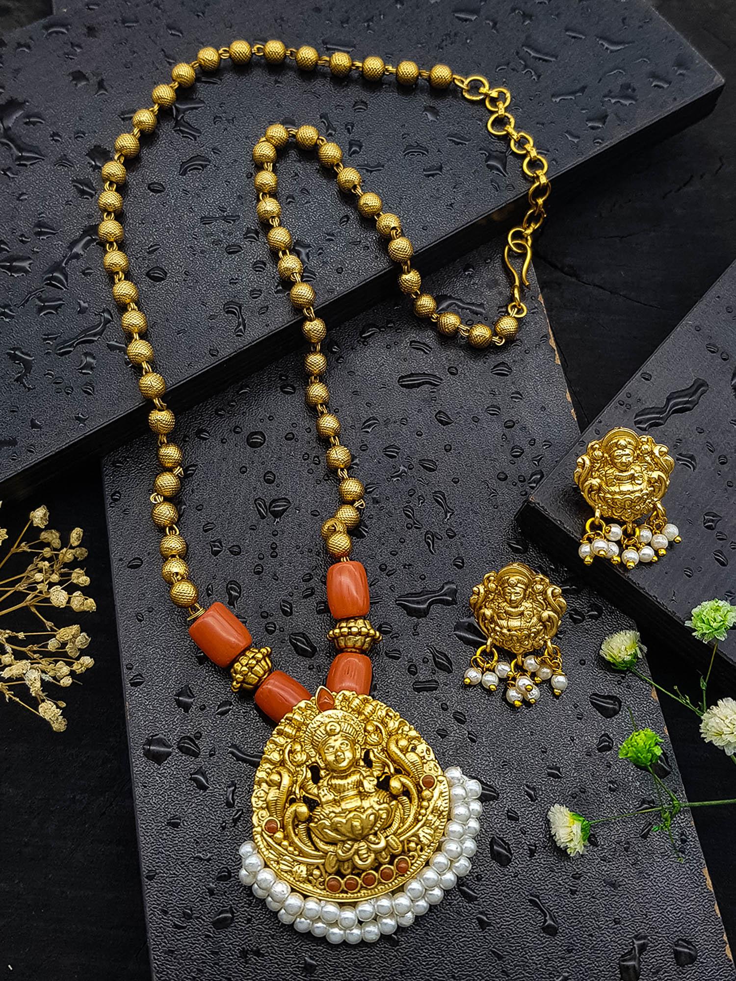 Gold Plated Long Necklace Set in coral