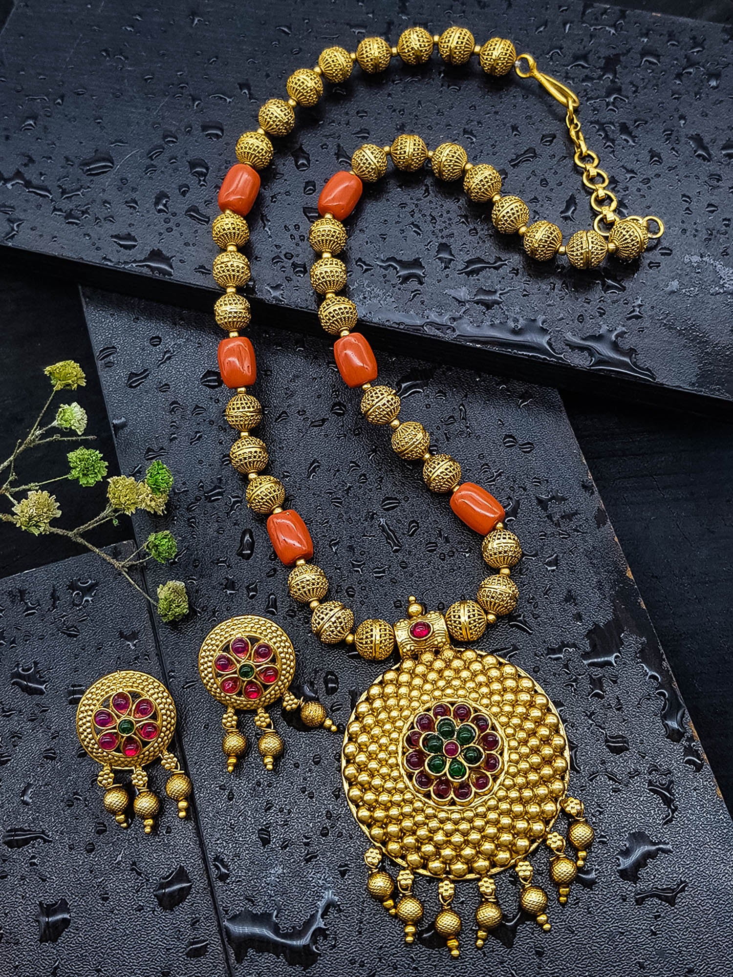 Gold Plated In Coral Beads Long Necklace Set