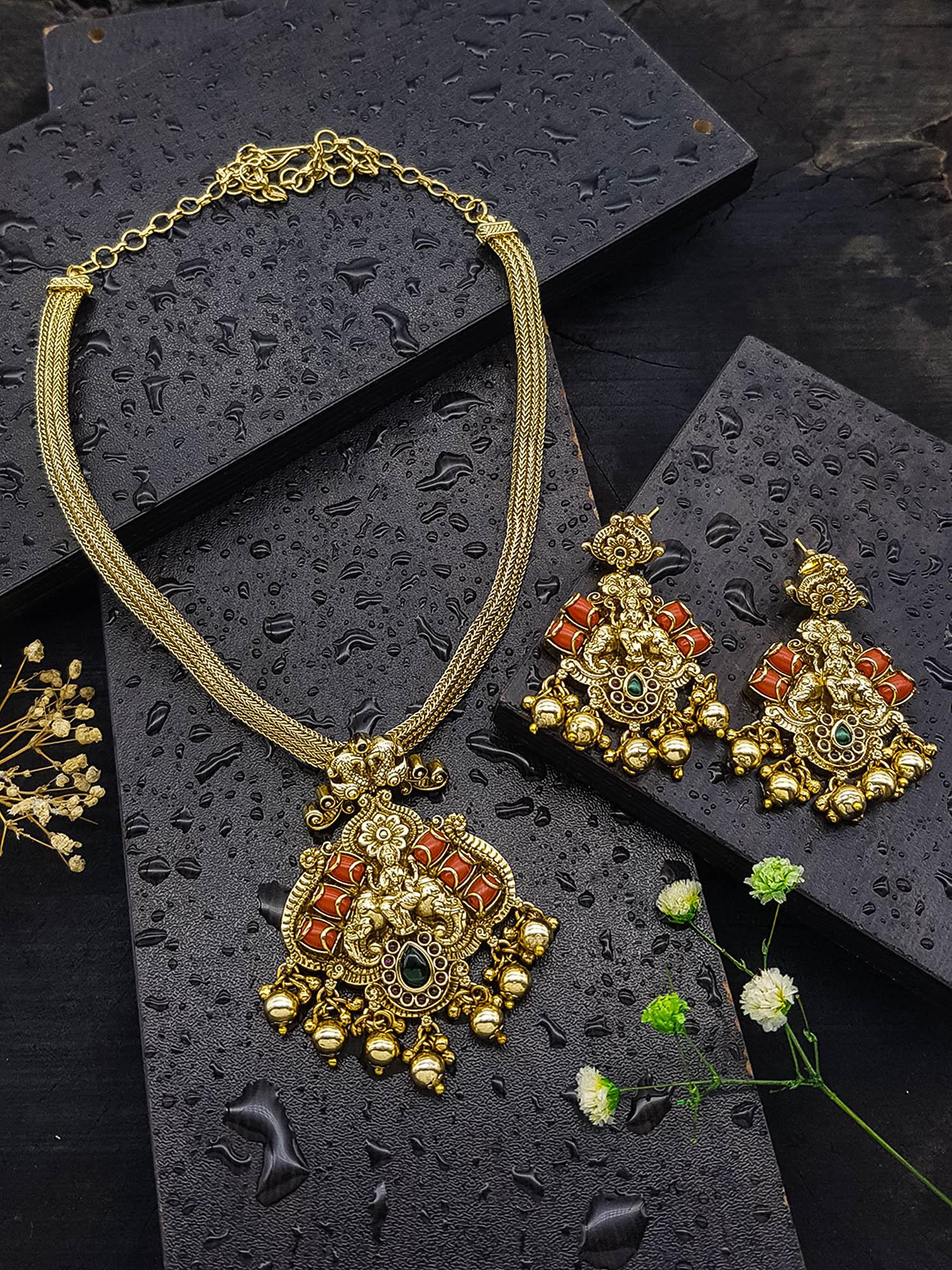 Premium Quality Gold Plated Long Necklace Set in coral