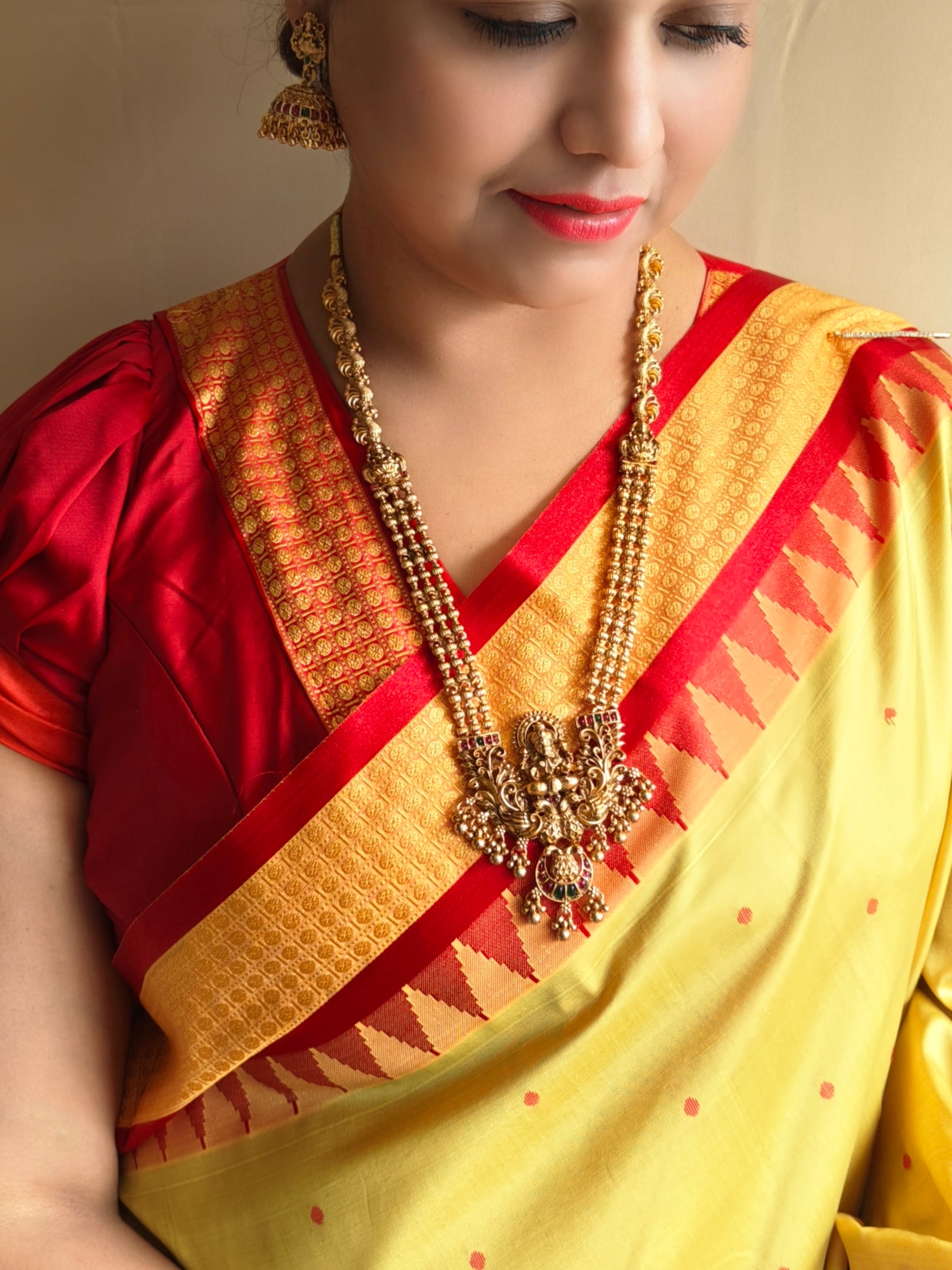 Gold Plated Long Necklace Set with Laxmi