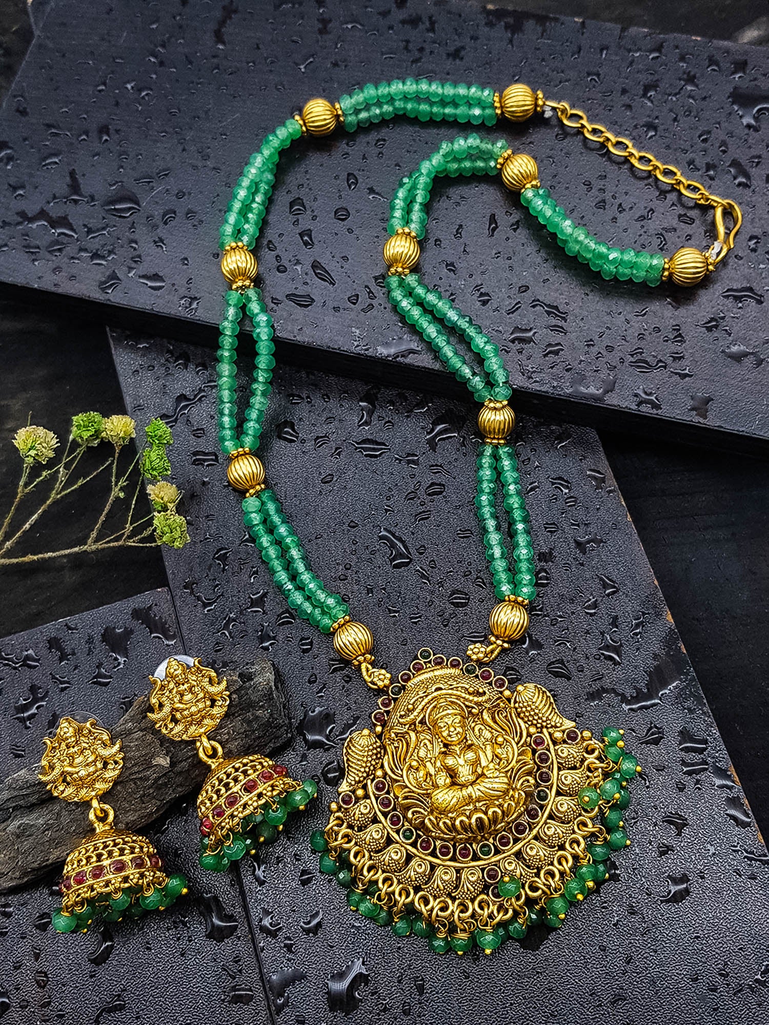 Gold Plated Necklace Set in green crystal natural stones