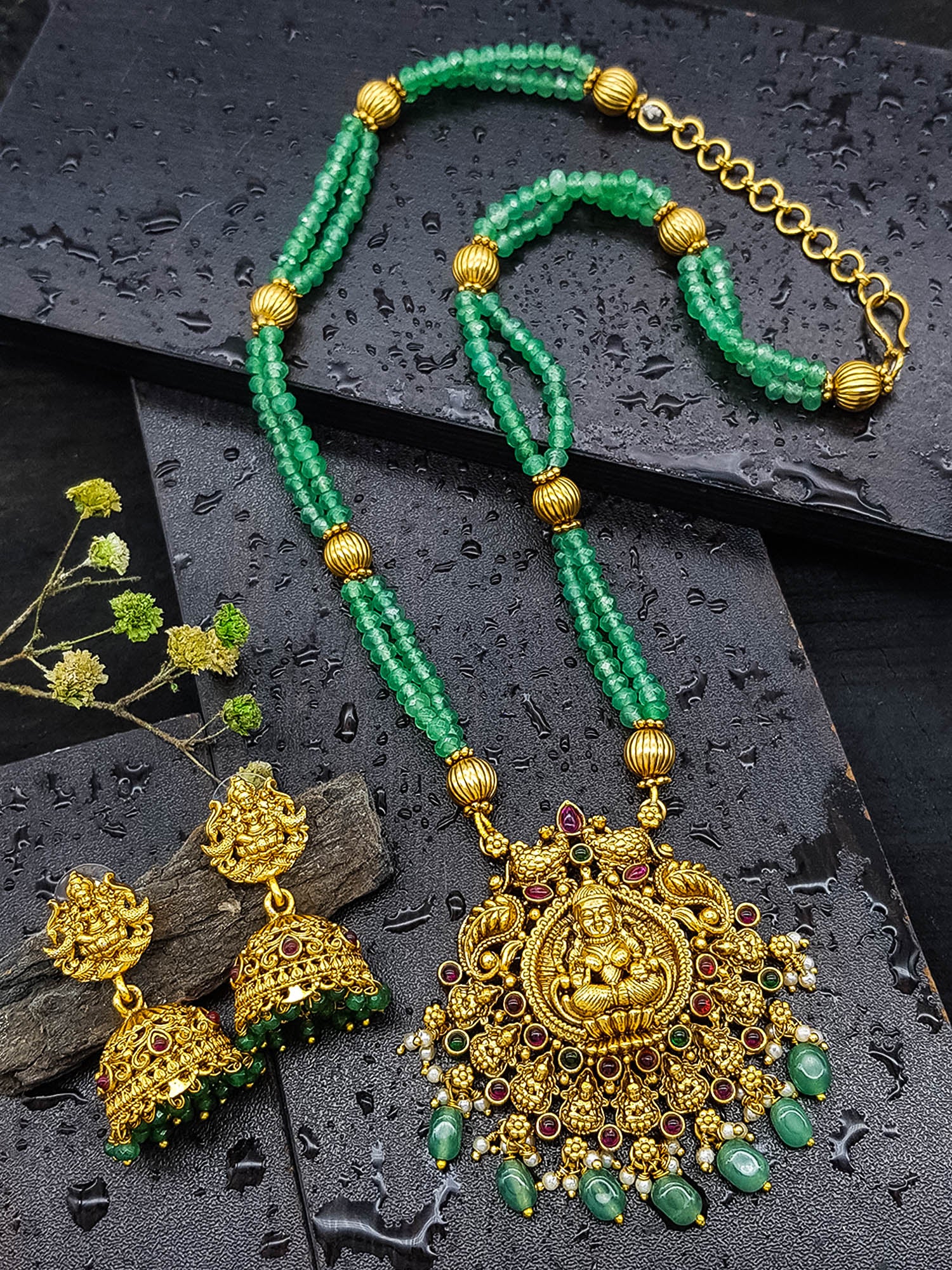 Gold Plated Necklace Set in green crystal natural stones