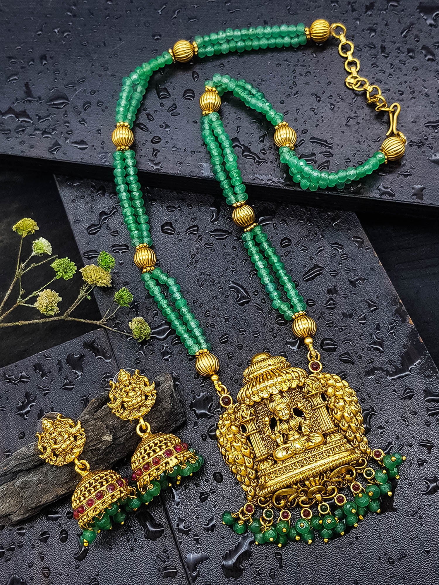 Gold Plated Necklace Set in green crystal natural stones