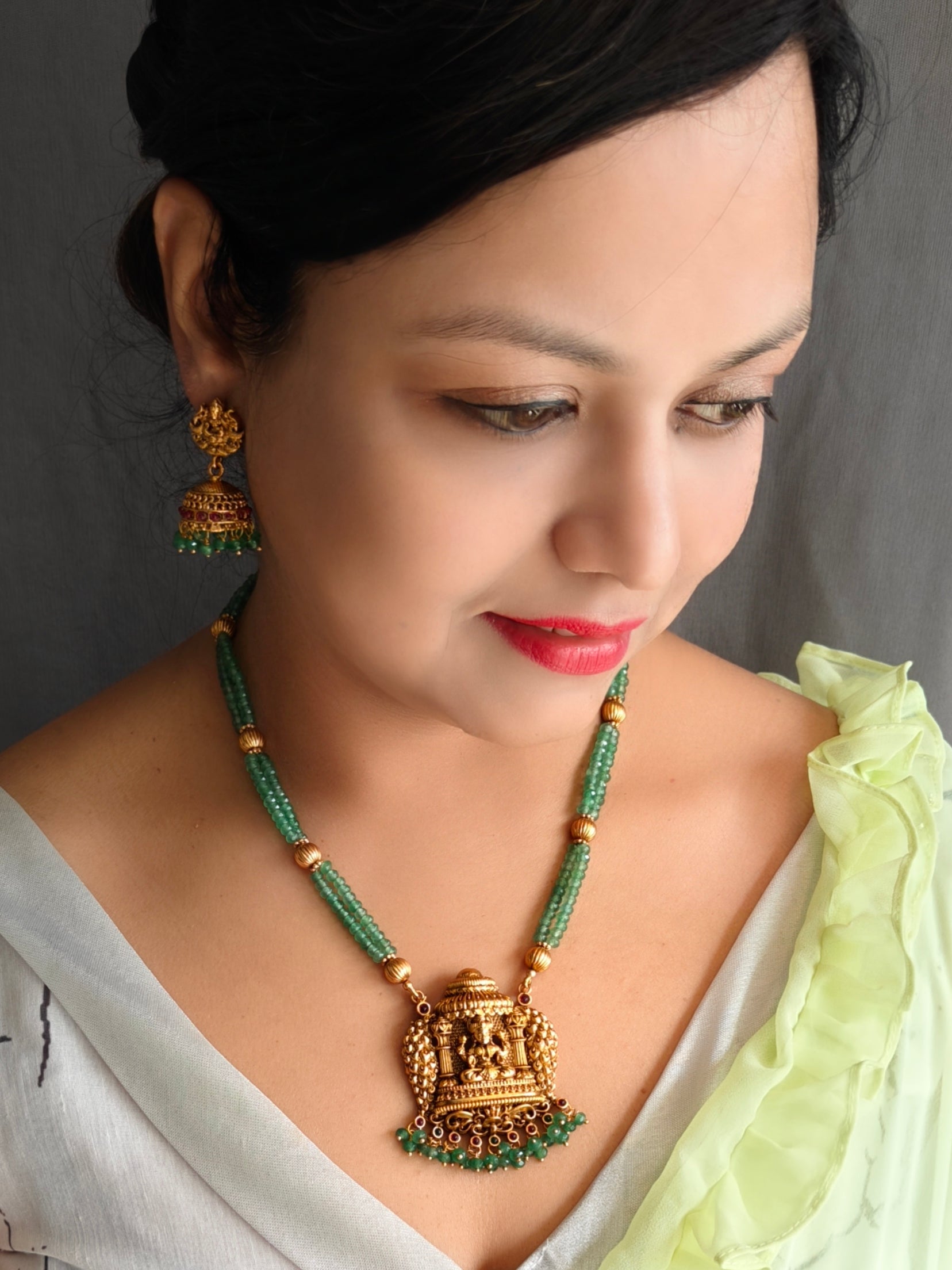 Gold Plated Necklace Set in green crystal natural stones